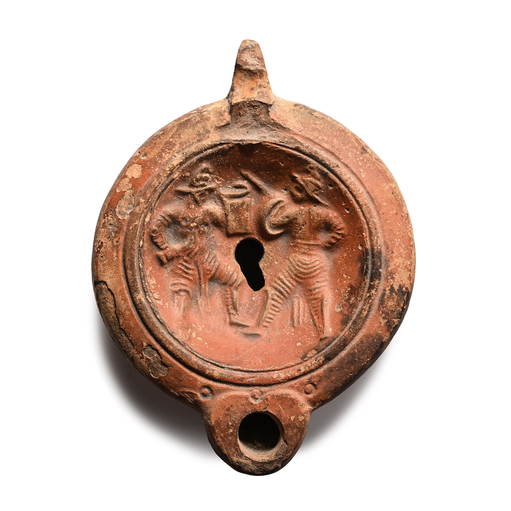 Roman Terracotta Oil Lamp with Gladiators in Combat