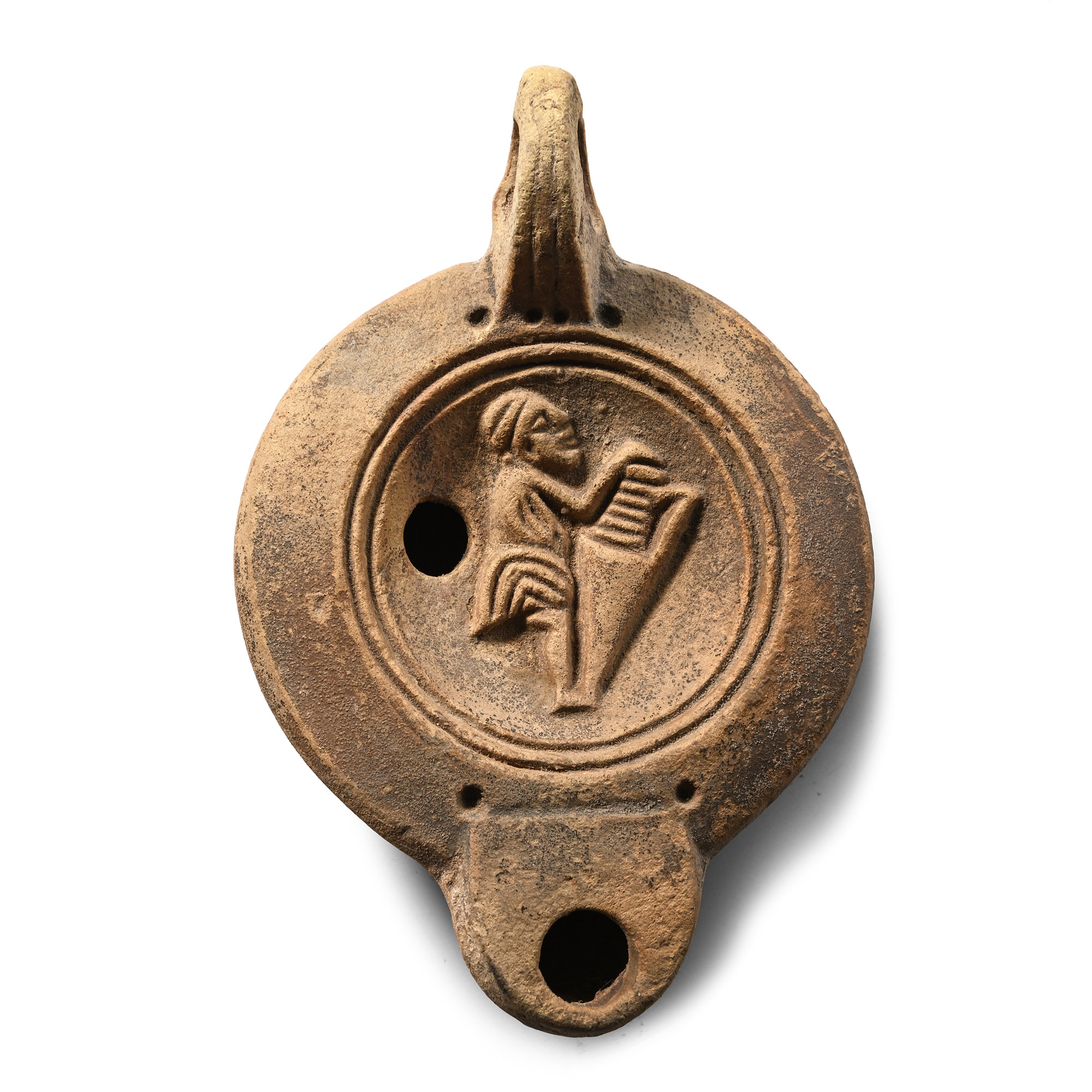 Roman Terracotta Oil Lamp with Figure Carrying an Amphora