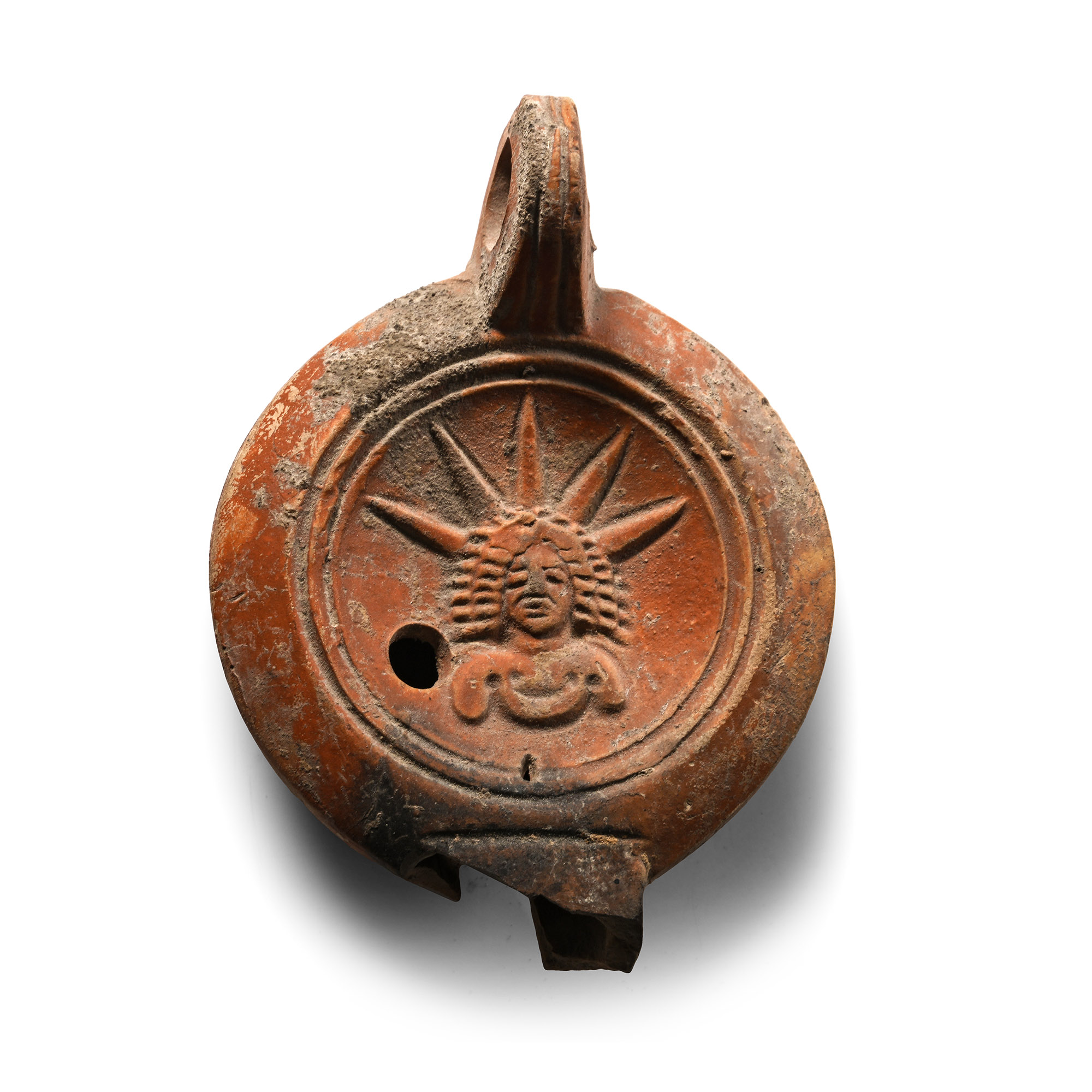 Roman Terracotta Oil Lamp with the God Sol and Maker's Mark