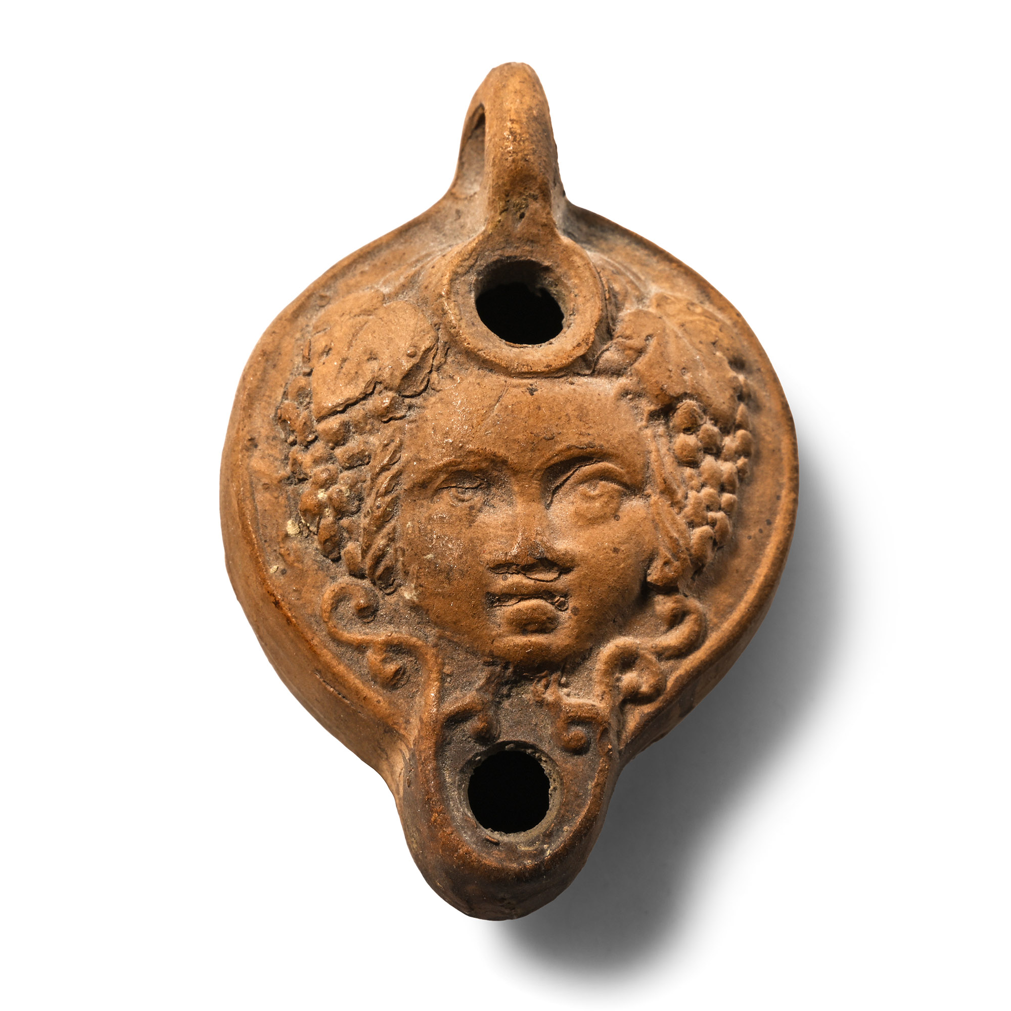 Miniature Roman Terracotta Oil Lamp with the God Dionysis and PASAVIC Maker's Mark