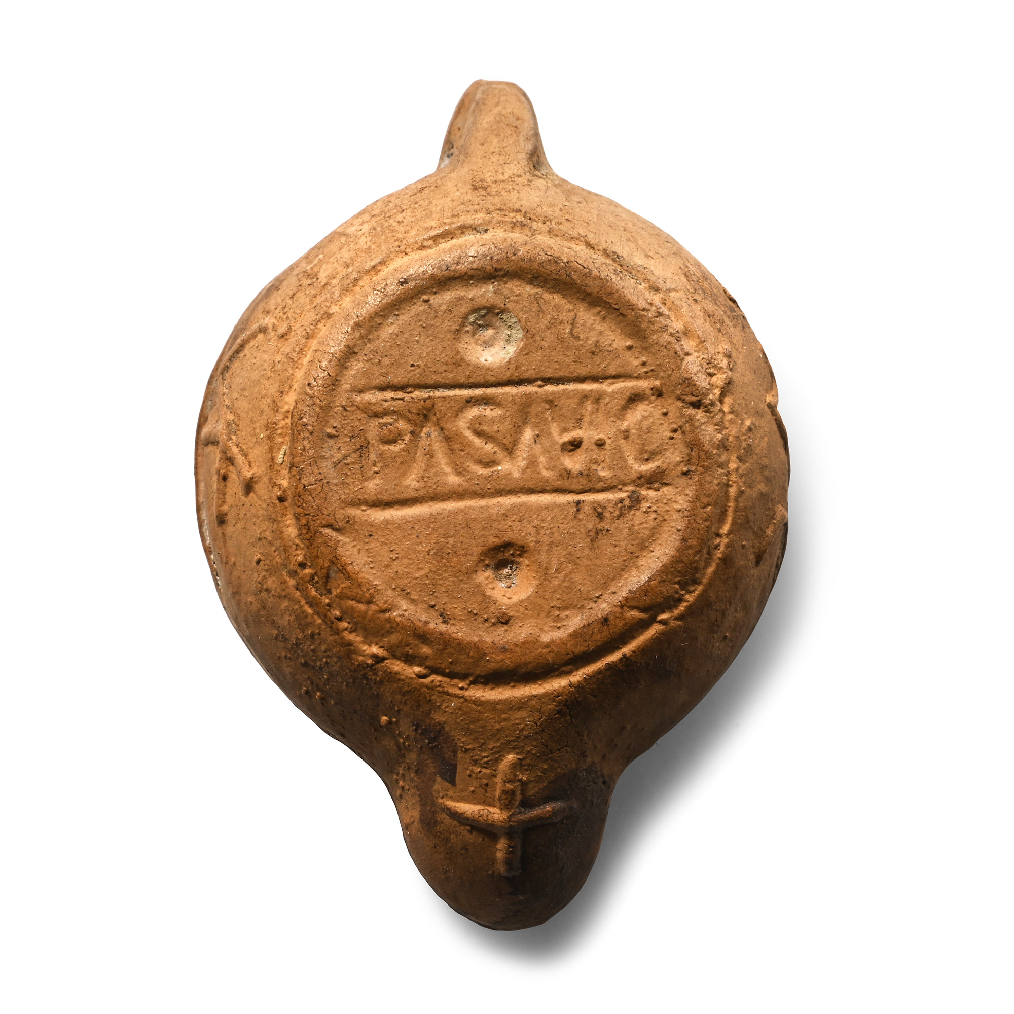 Miniature Roman Terracotta Oil Lamp with the God Dionysis and PASAVIC Maker's Mark