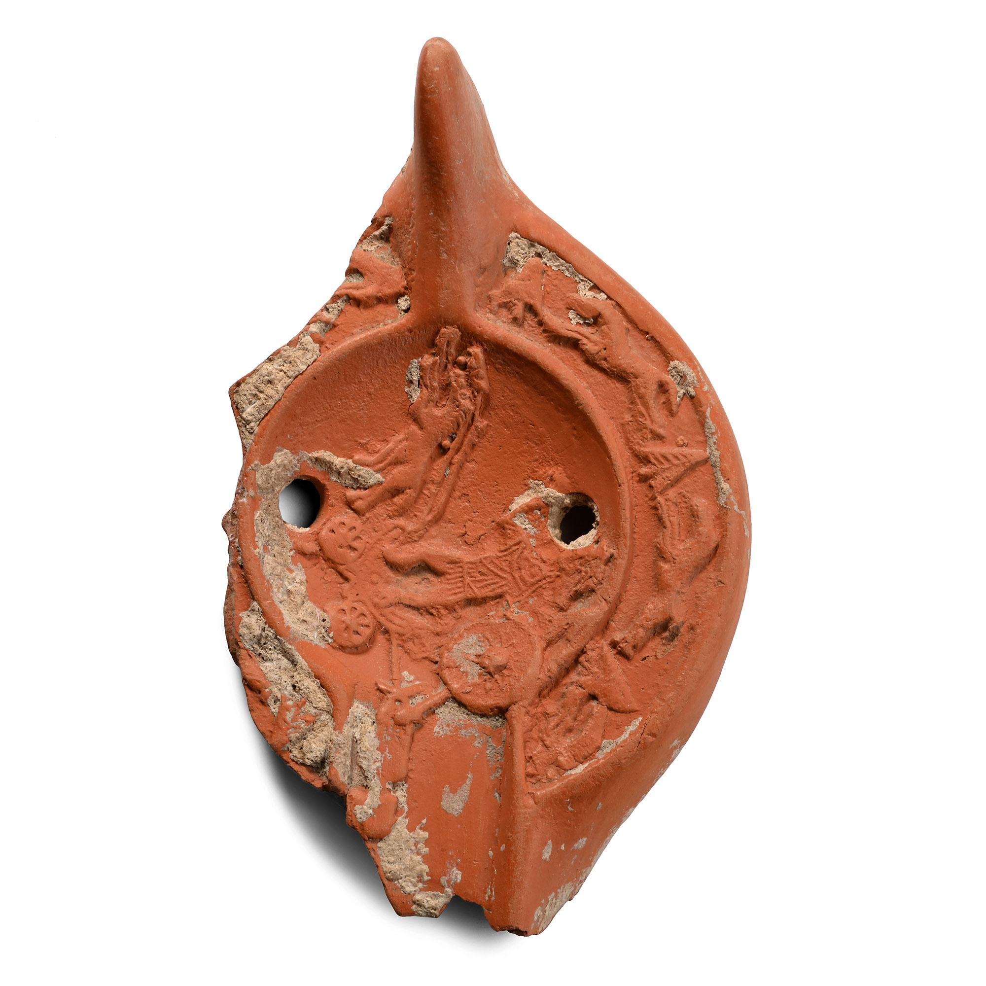Late Roman Terracotta Oil Lamp Fragment Showing Achilles Dragging the Body of Hector Behind His Chariot