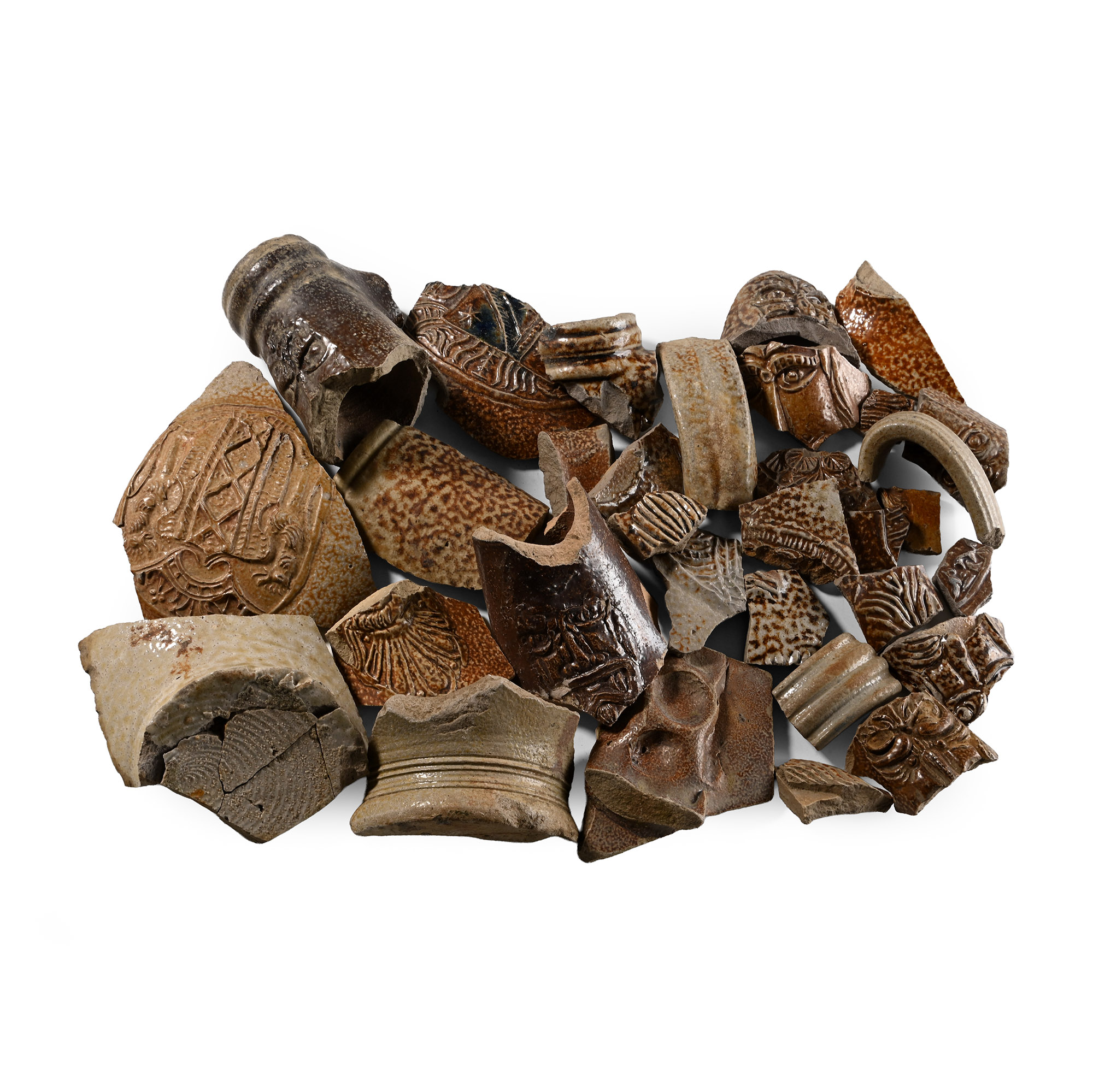 Glazed Bellarmine Pottery Fragment Collection Including Faces