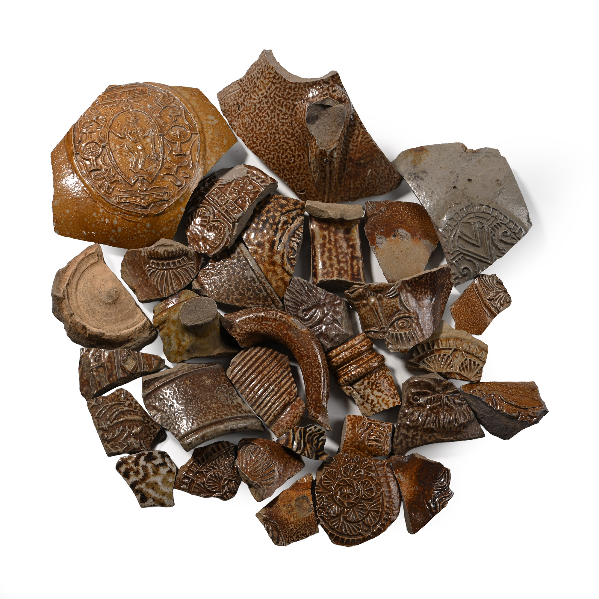 Glazed Bellarmine Pottery Fragment Collection Including Faces