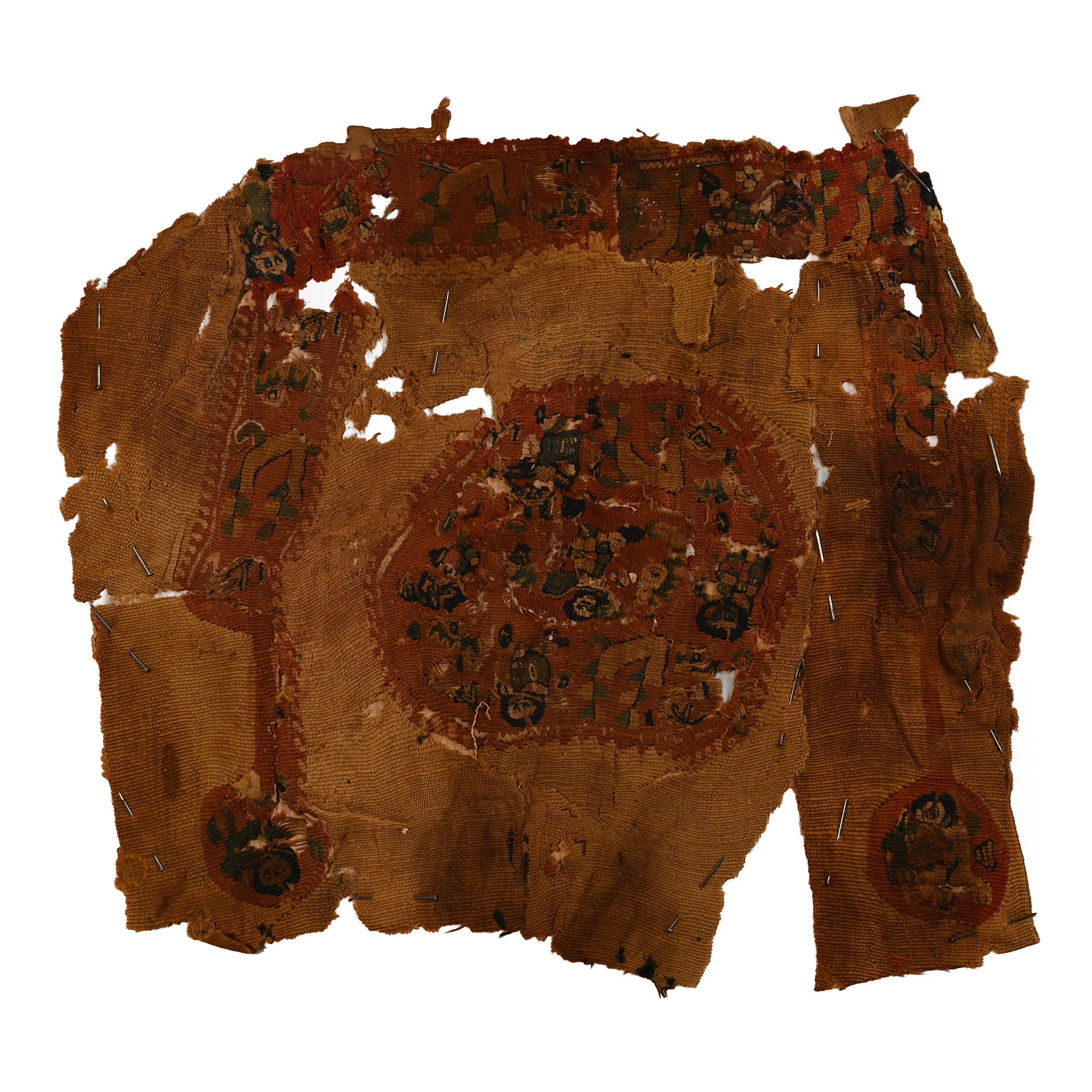 Large Egyptian Coptic Tunic Textile Fragment with Lateral Clavi and Central Orbiculus Representing Figures and Animals