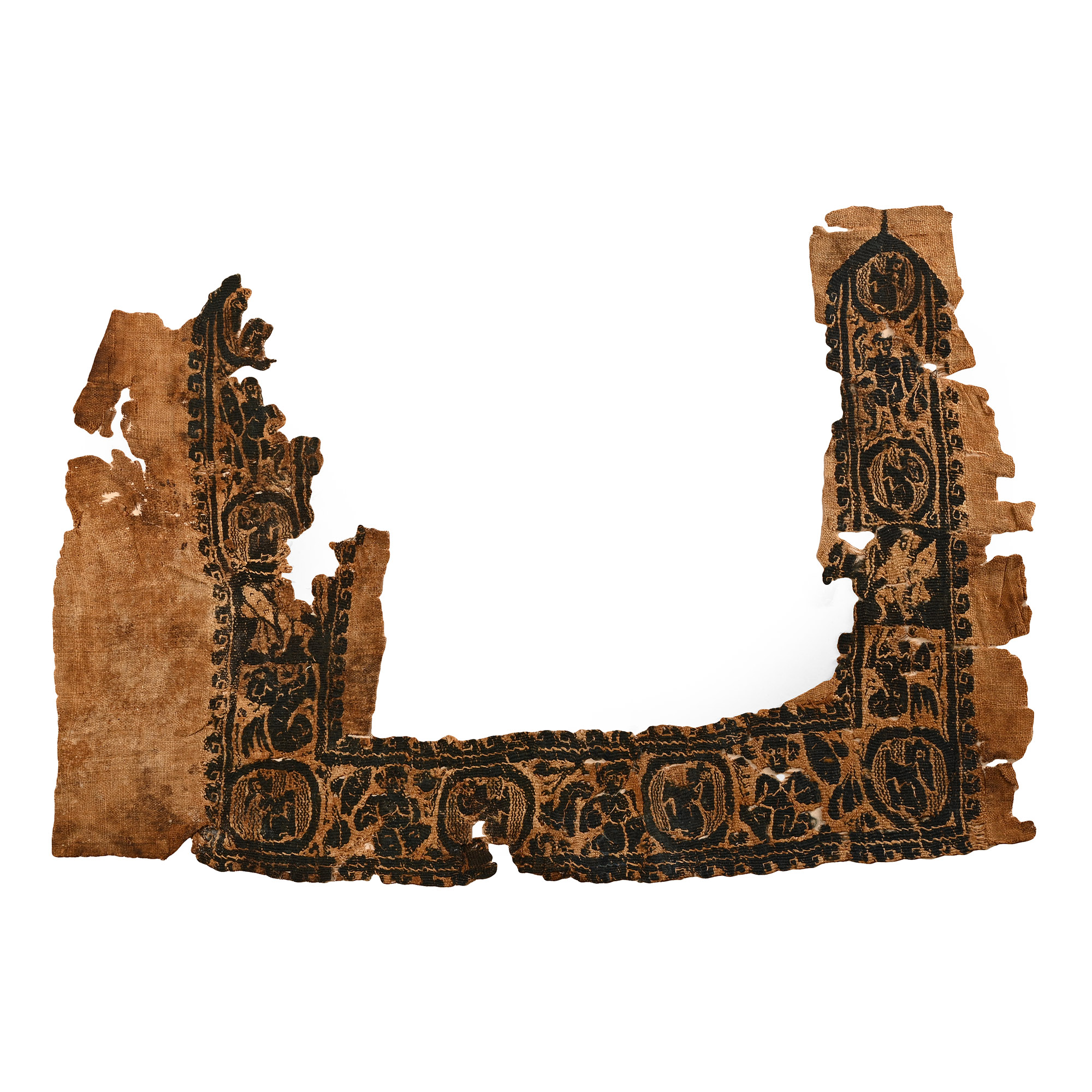 Large Egyptian Coptic Textile Fragment of a Tunic Embroidered with Putto Warriors and Hares