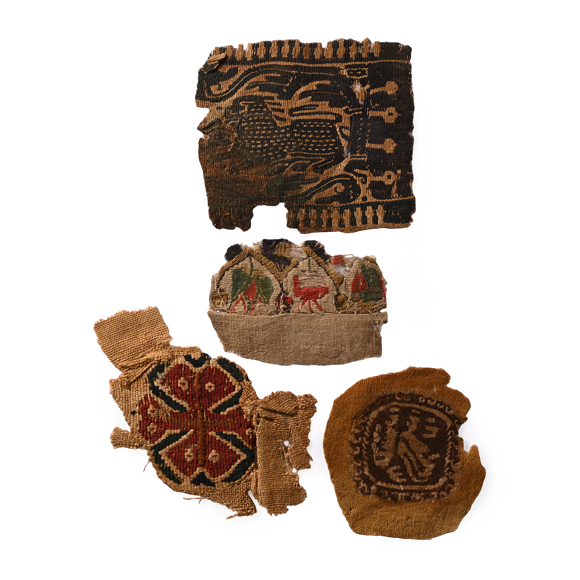 Egyptian Coptic Tunic Textile Fragments of Orbiculi and Segmenta with Vegetation, Animals and Geometric Ornament
