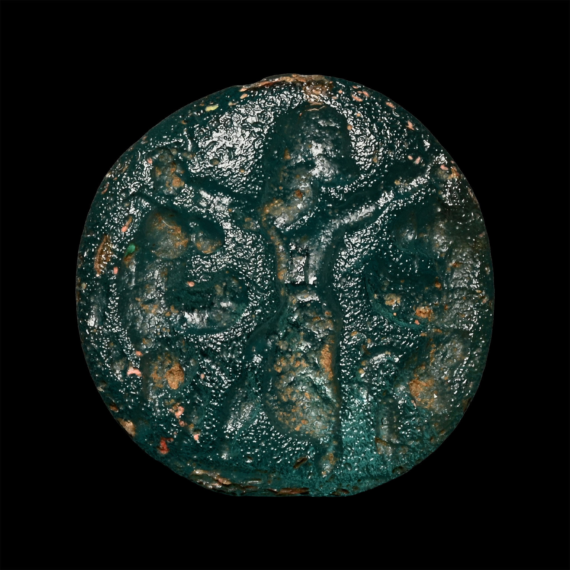 Neo-Babylonian Pale Blue Glass Seal with King