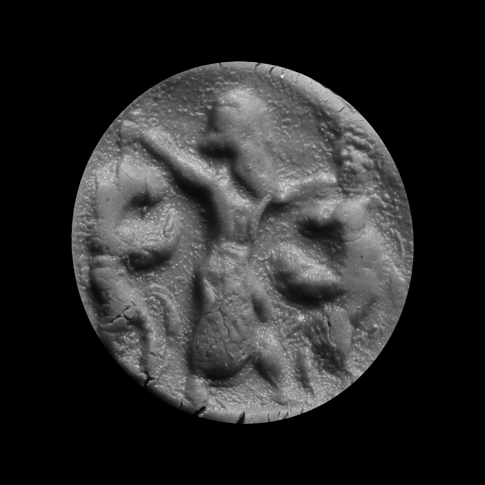 Neo-Babylonian Pale Blue Glass Seal with King
