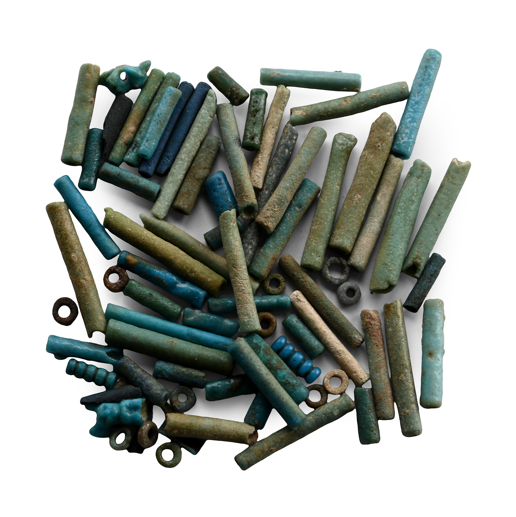 Egyptian Faience Mummy Beads and Cat Amulet