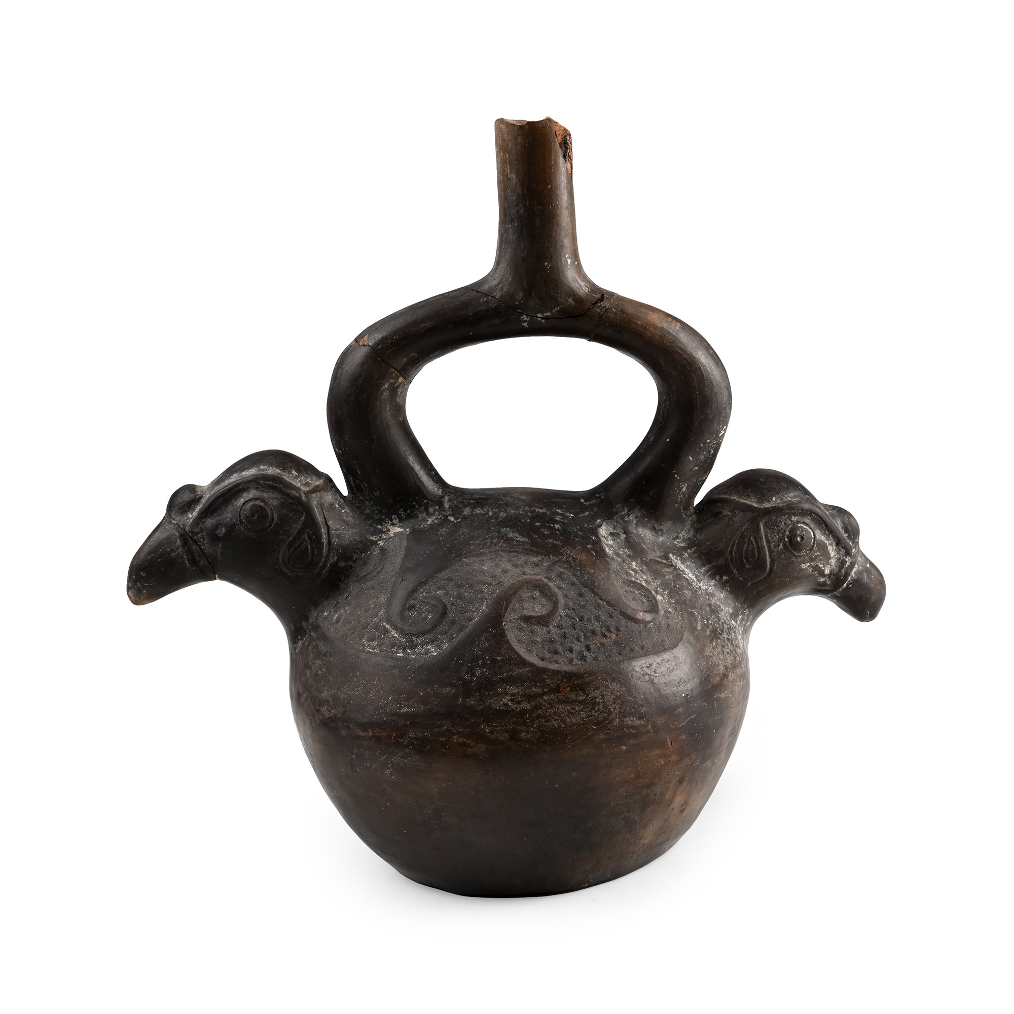 Pre-Columbian Black Ware Stirrup Vessel with Birds Heads