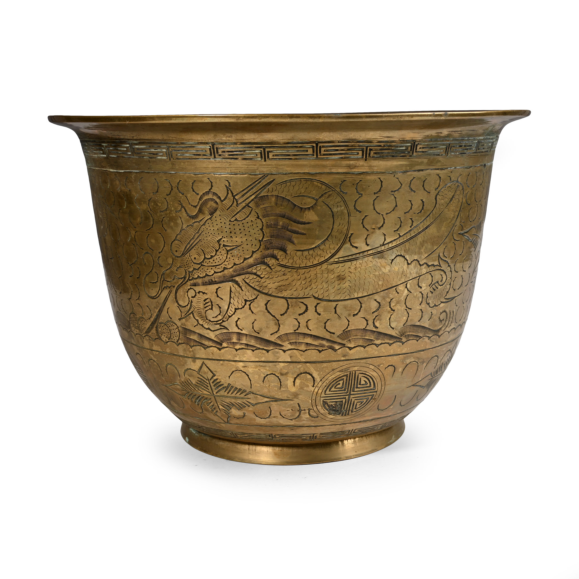 Antique Brass Bowl with Dragon and Peacock