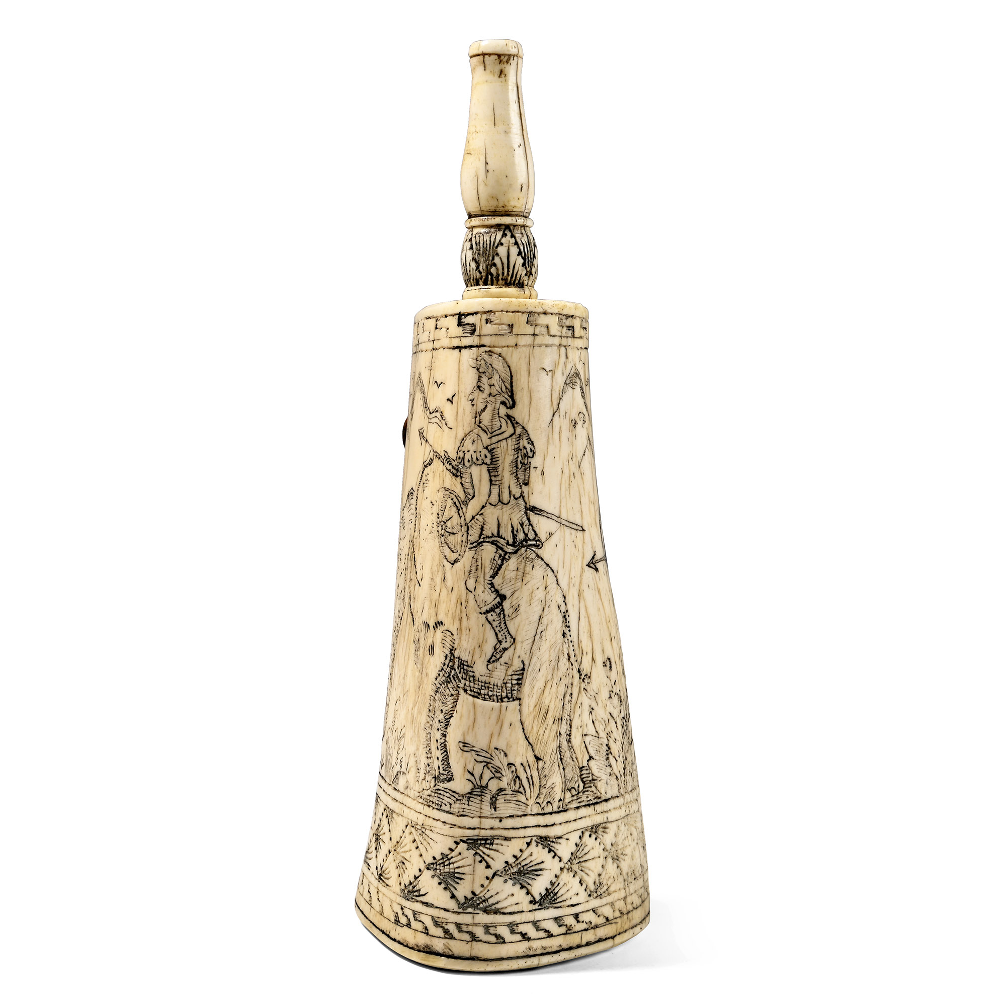 Antique Bone Flask with Engraved Hunting Scene