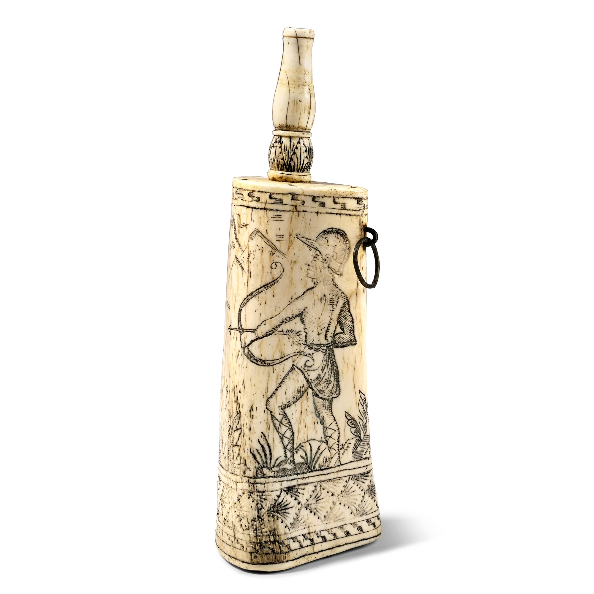 Antique Bone Flask with Engraved Hunting Scene