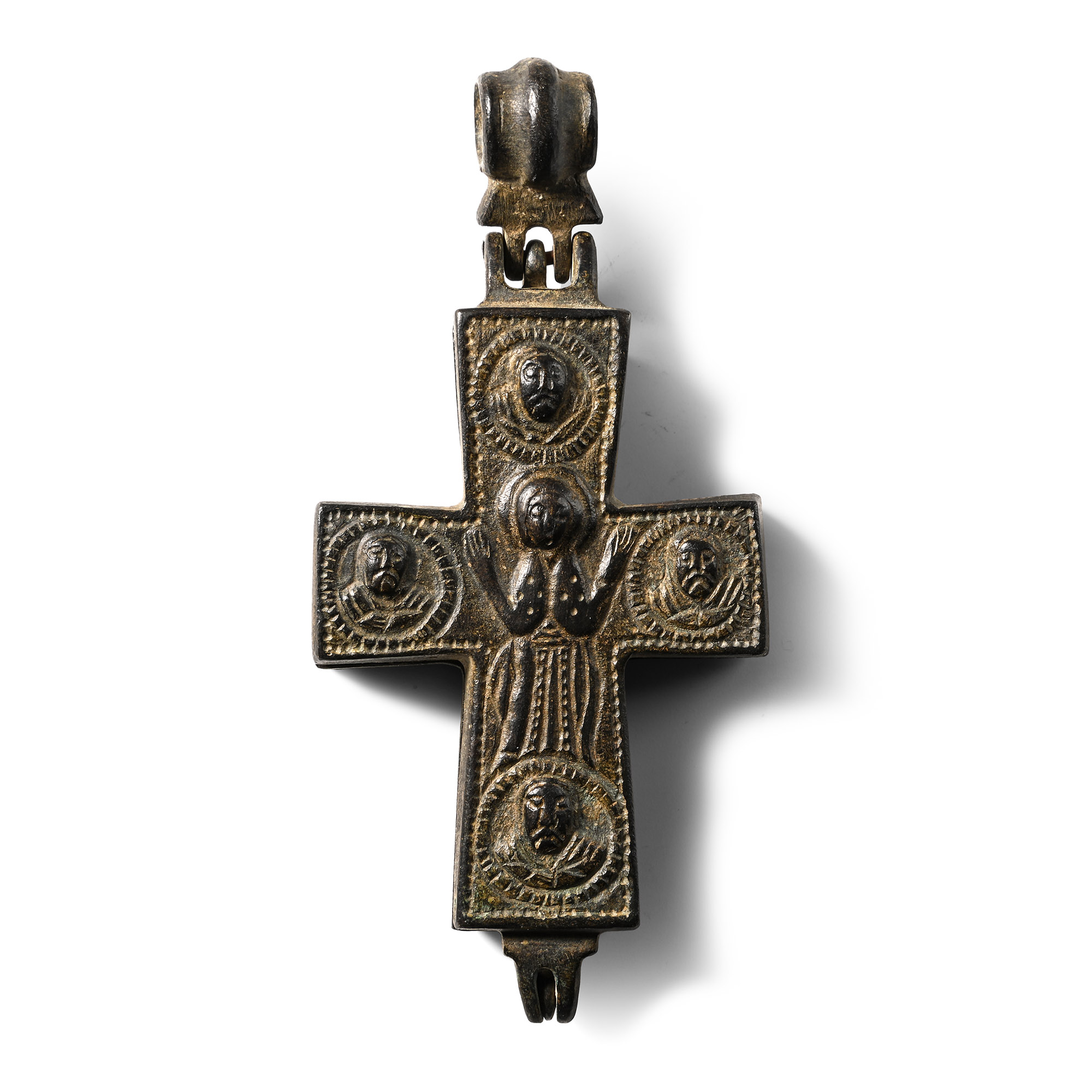 Large Byzantine Bronze Reliquary Cross Pendant