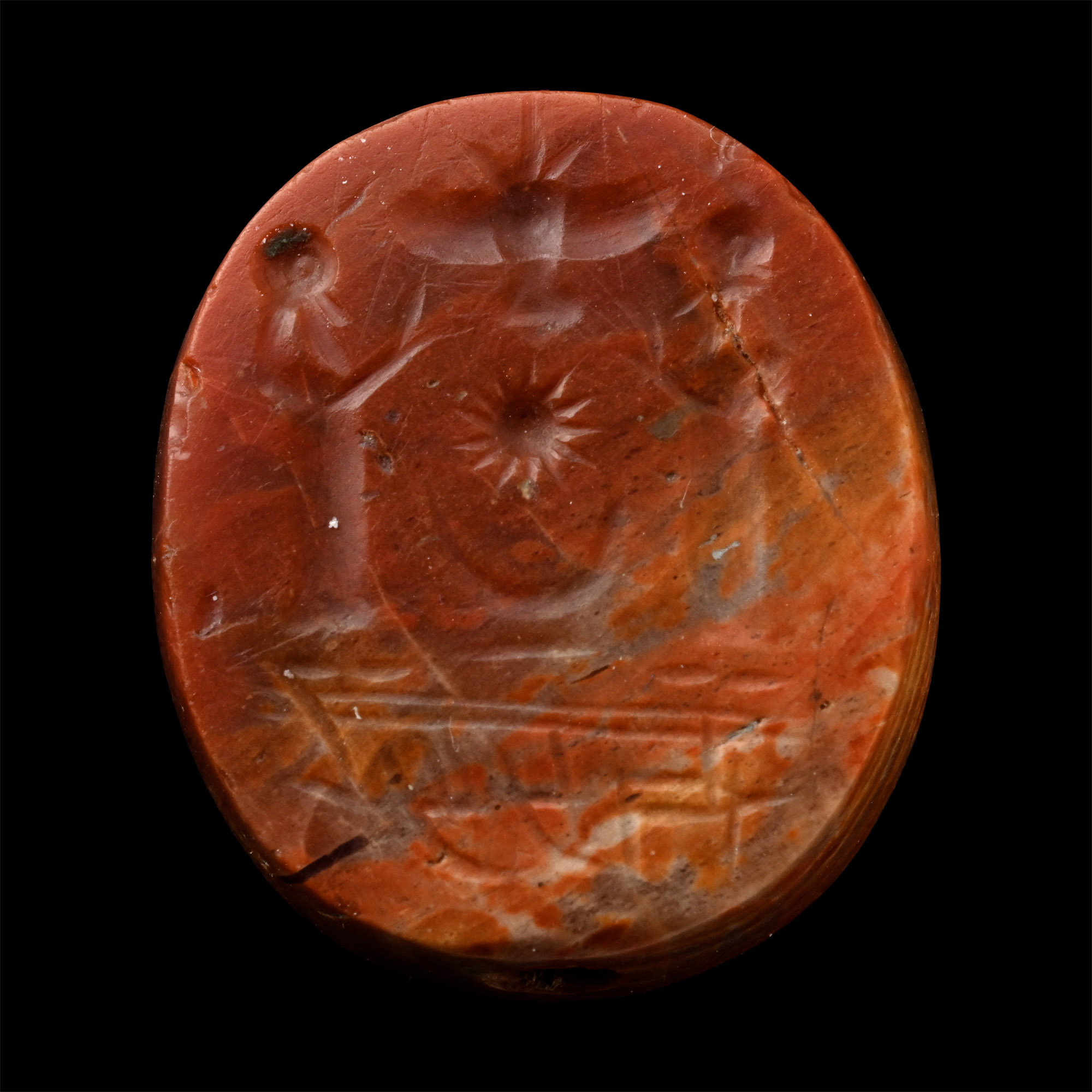 Neo-Babylonian Red Agate Stamp Seal with Worshipping Scene and Hebrew Name