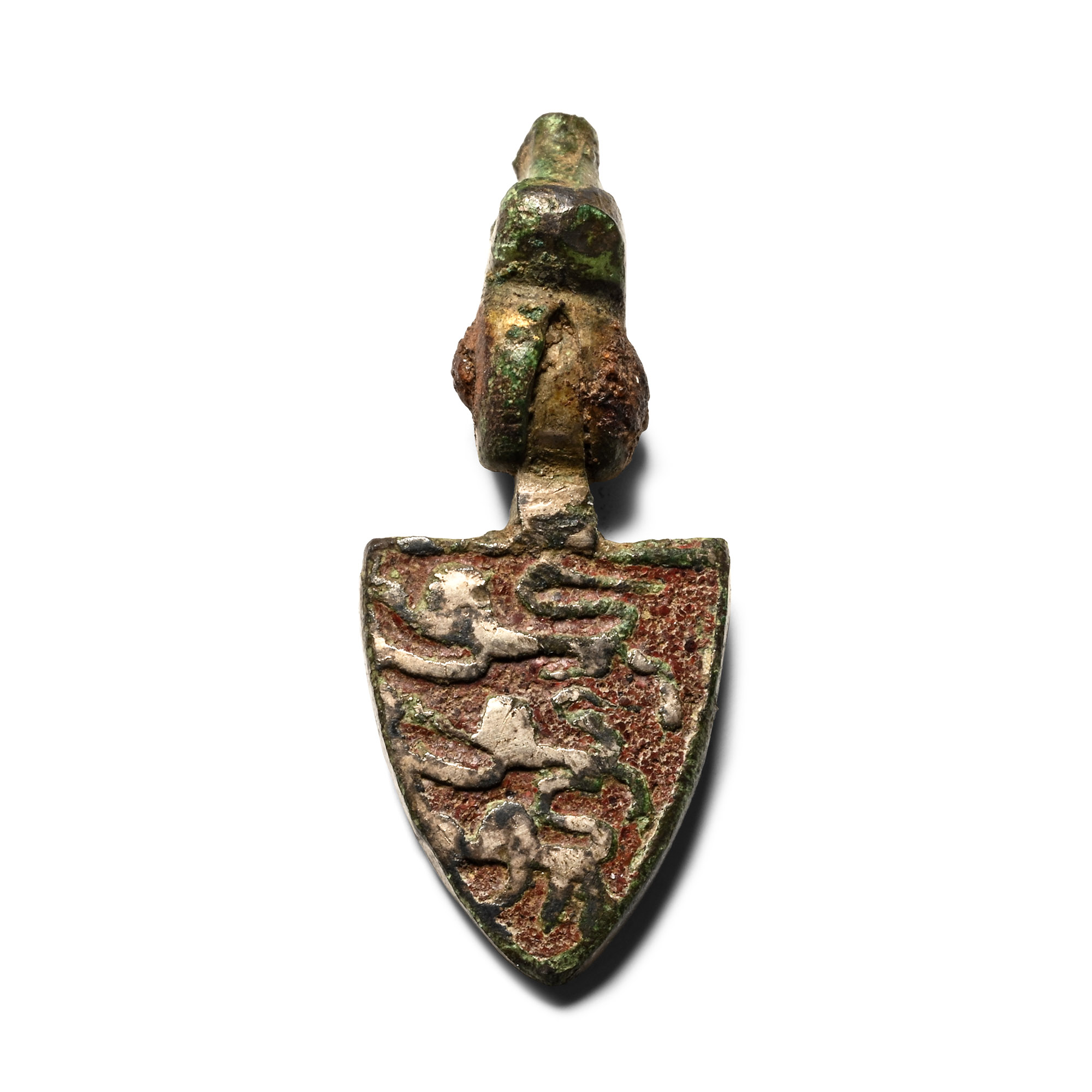 Medieval Knight's Enamelled Silvered Bronze Heraldic Horse Harness Pendant with Three Lions