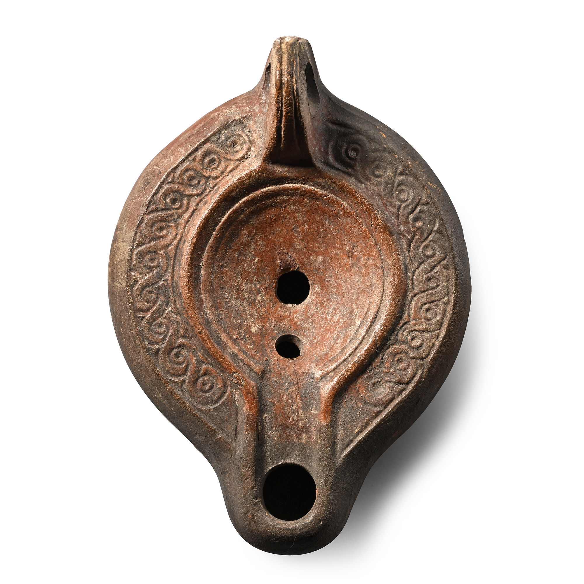 Roman Terracotta Oil Lamp with Scroll Border