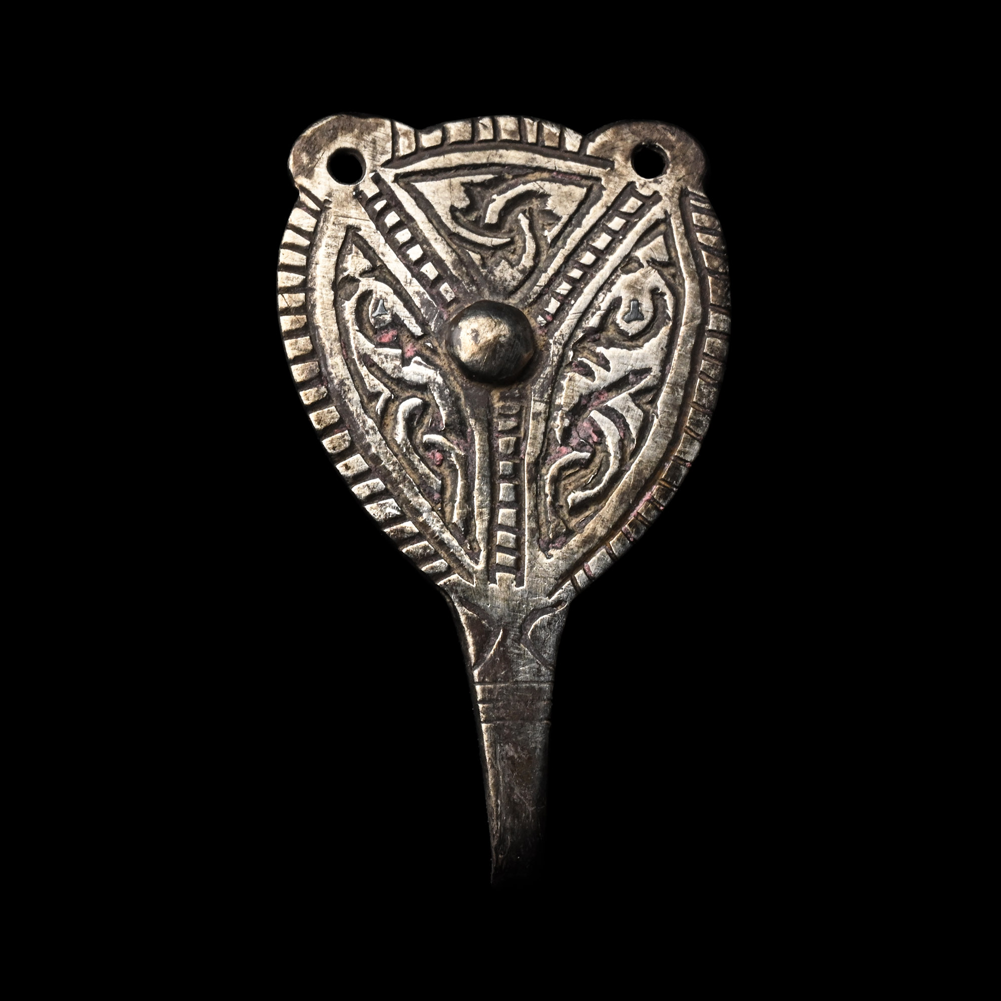 Anglo-Saxon Silver Hooked Tag with Niello Inlaid Interlaced Panels