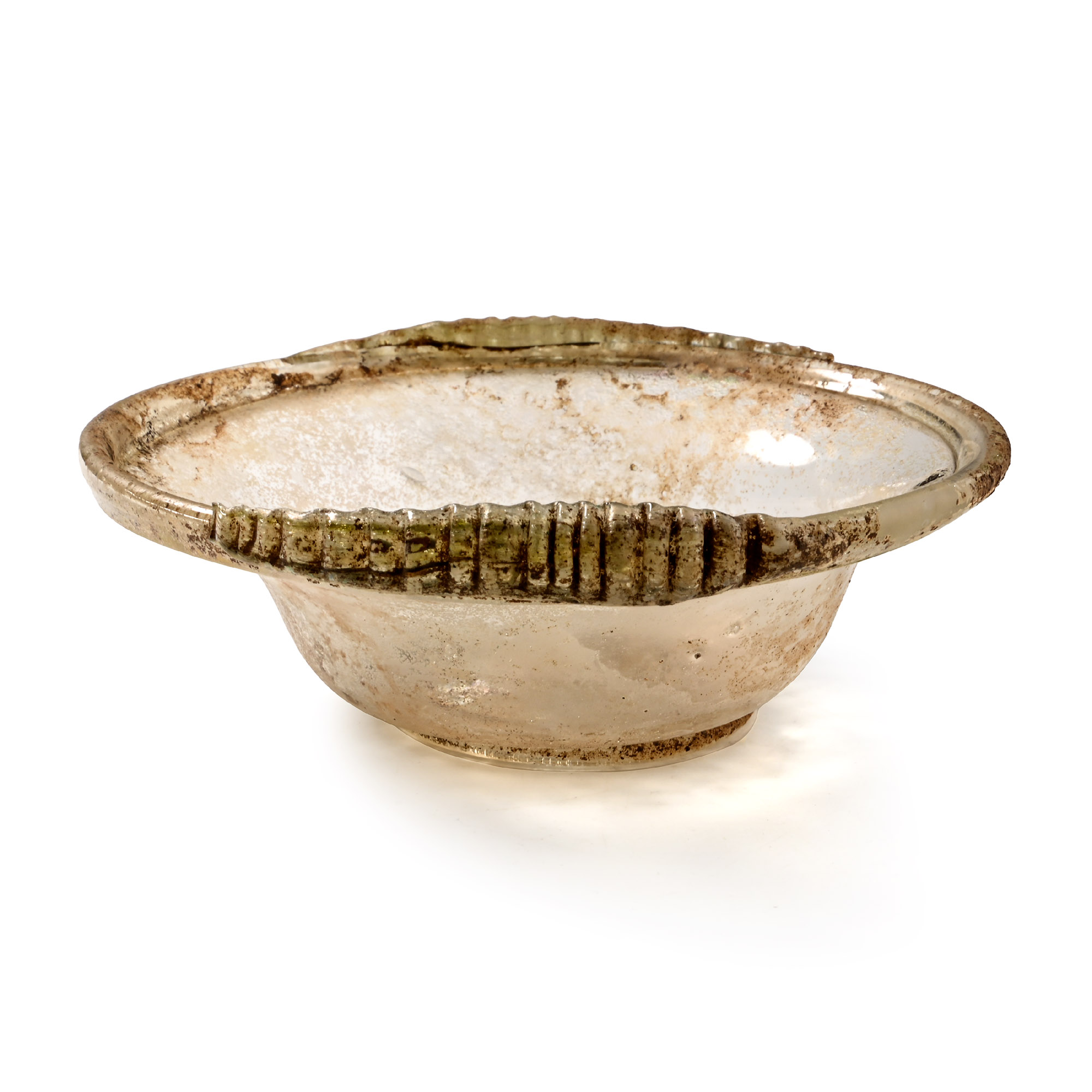 Roman Translucent Glass Dish with Ribbed Tail Handles
