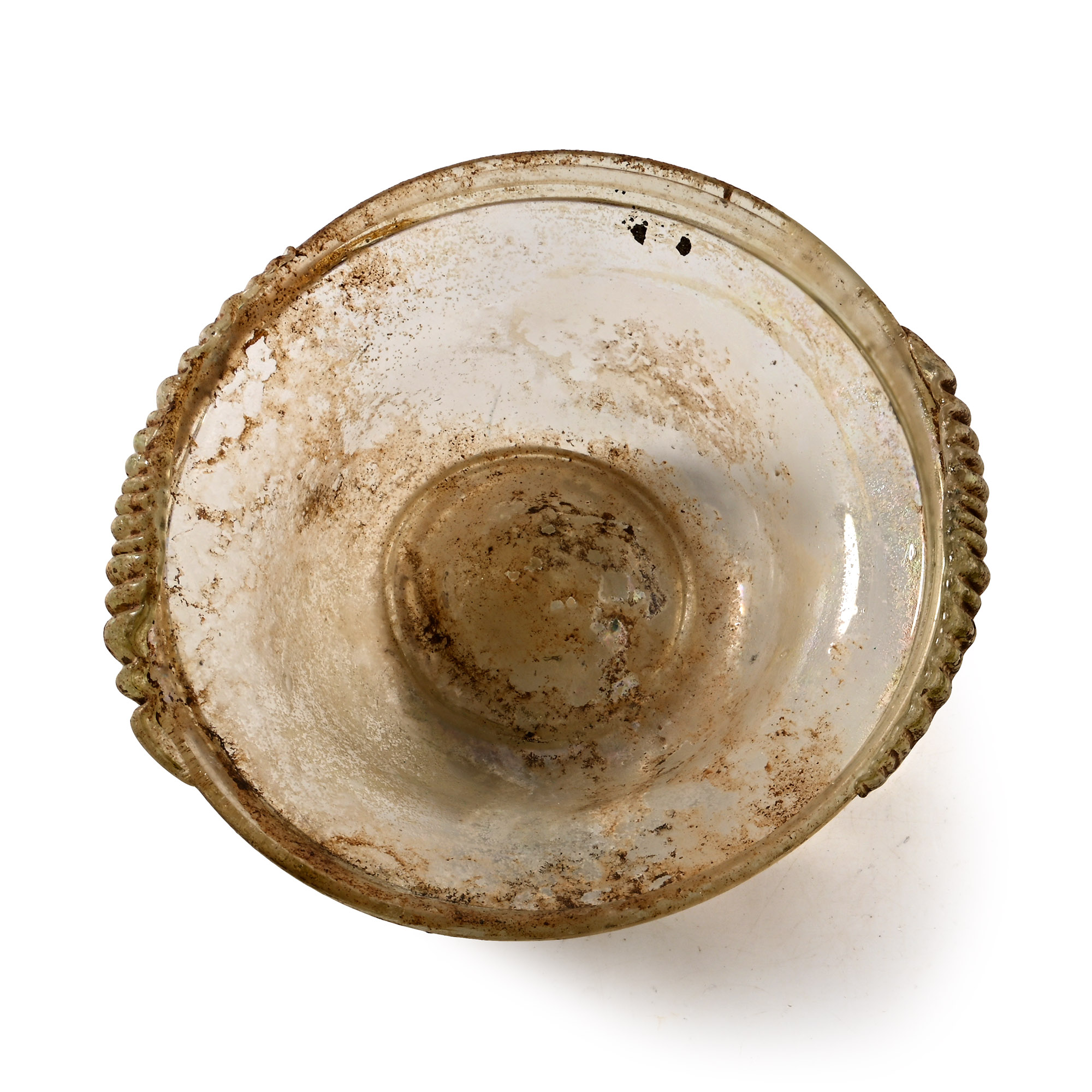 Roman Translucent Glass Dish with Ribbed Tail Handles