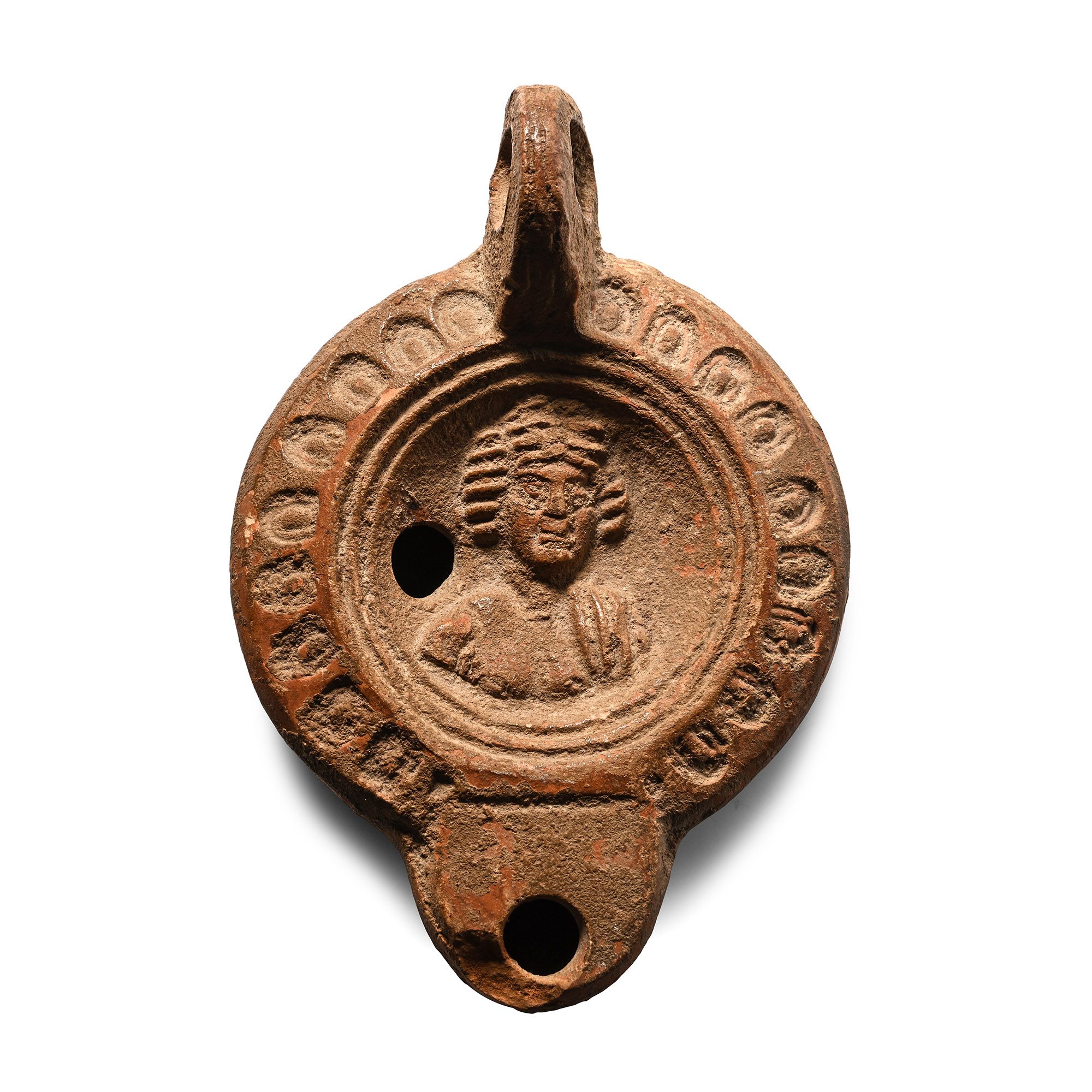 Roman Terracotta Oil Lamp with Bust of Apollo