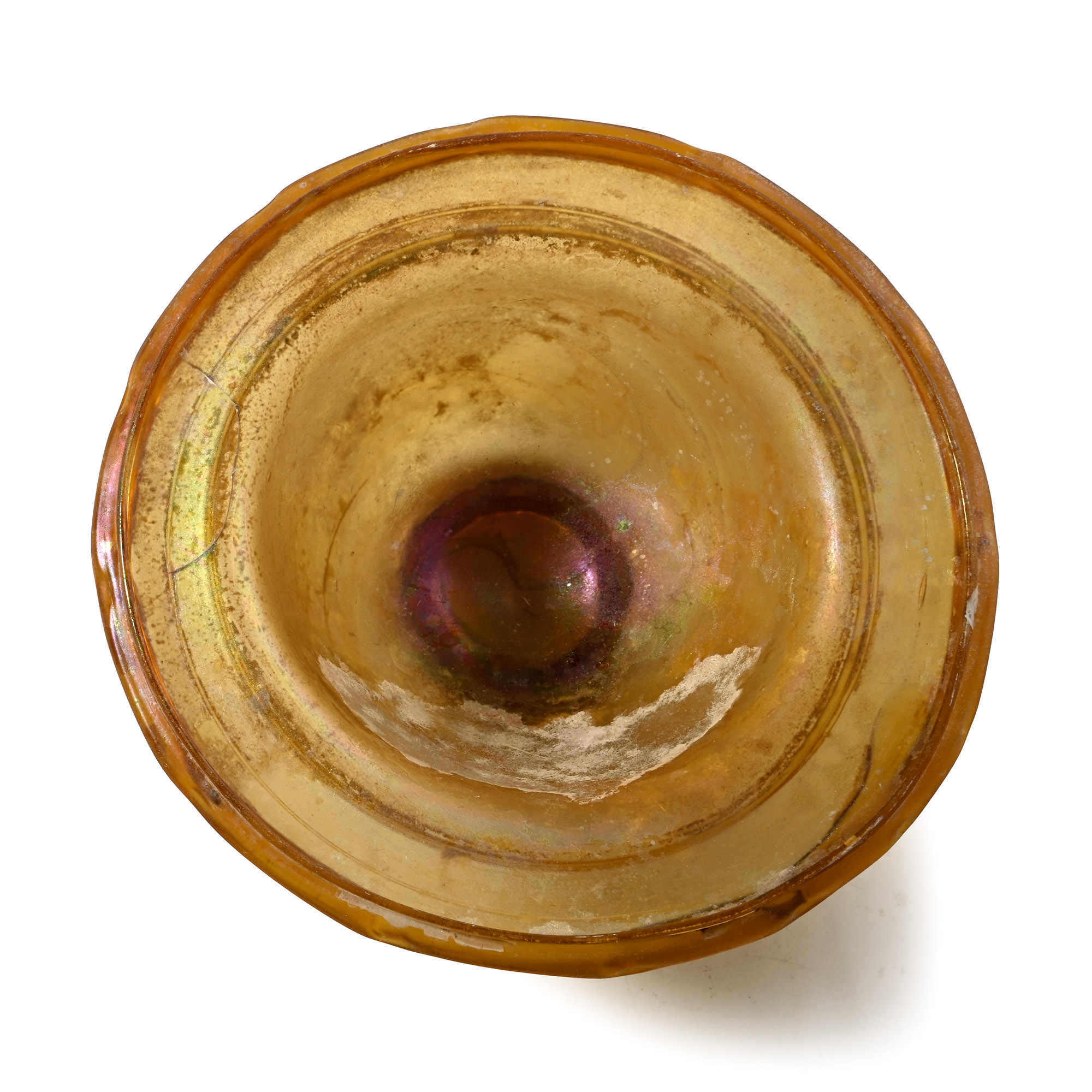 Roman Amber-Coloured Glass Footed Bowl with decorated Applied Rim