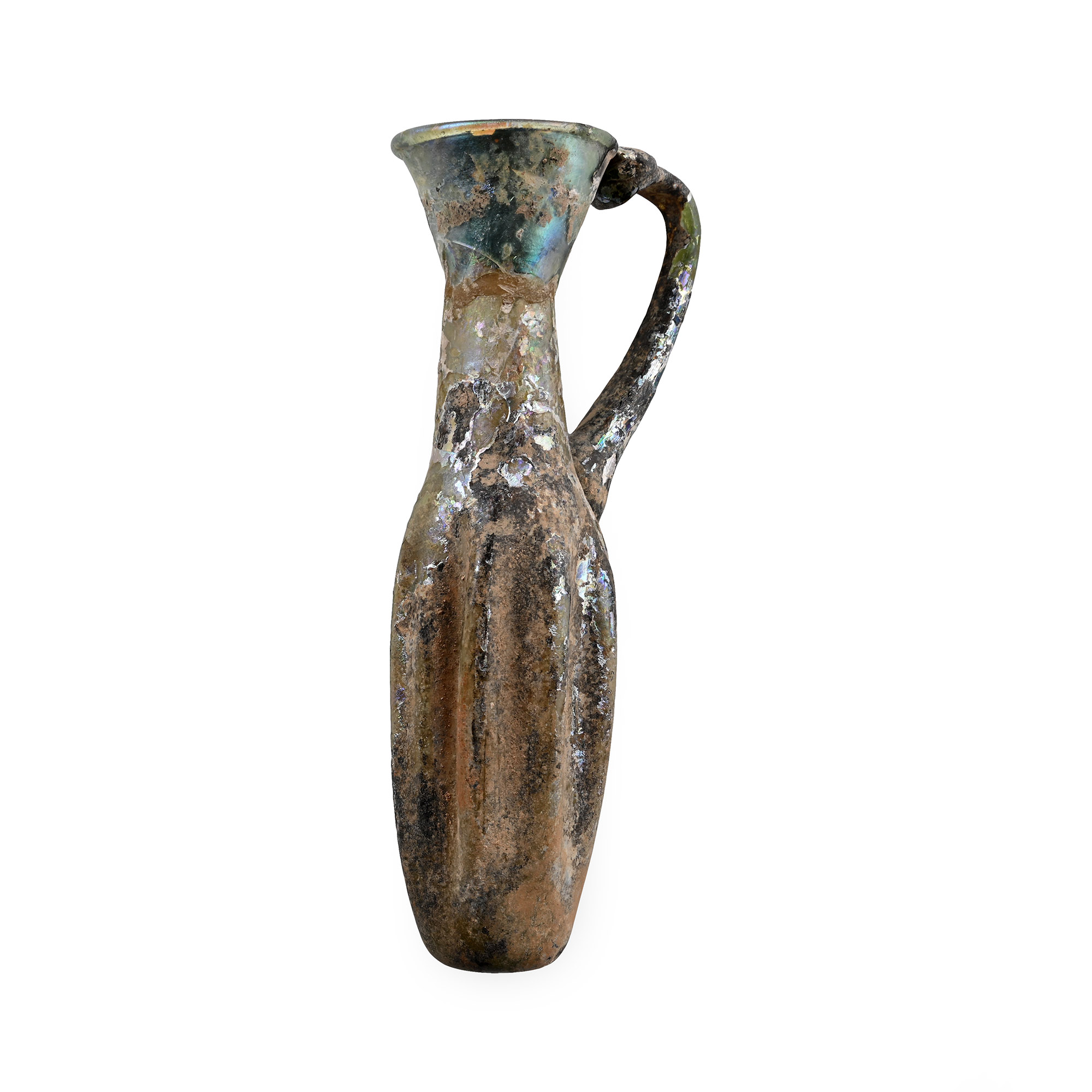 Roman Iridescent Pinched Glass Jug with Applied Handle