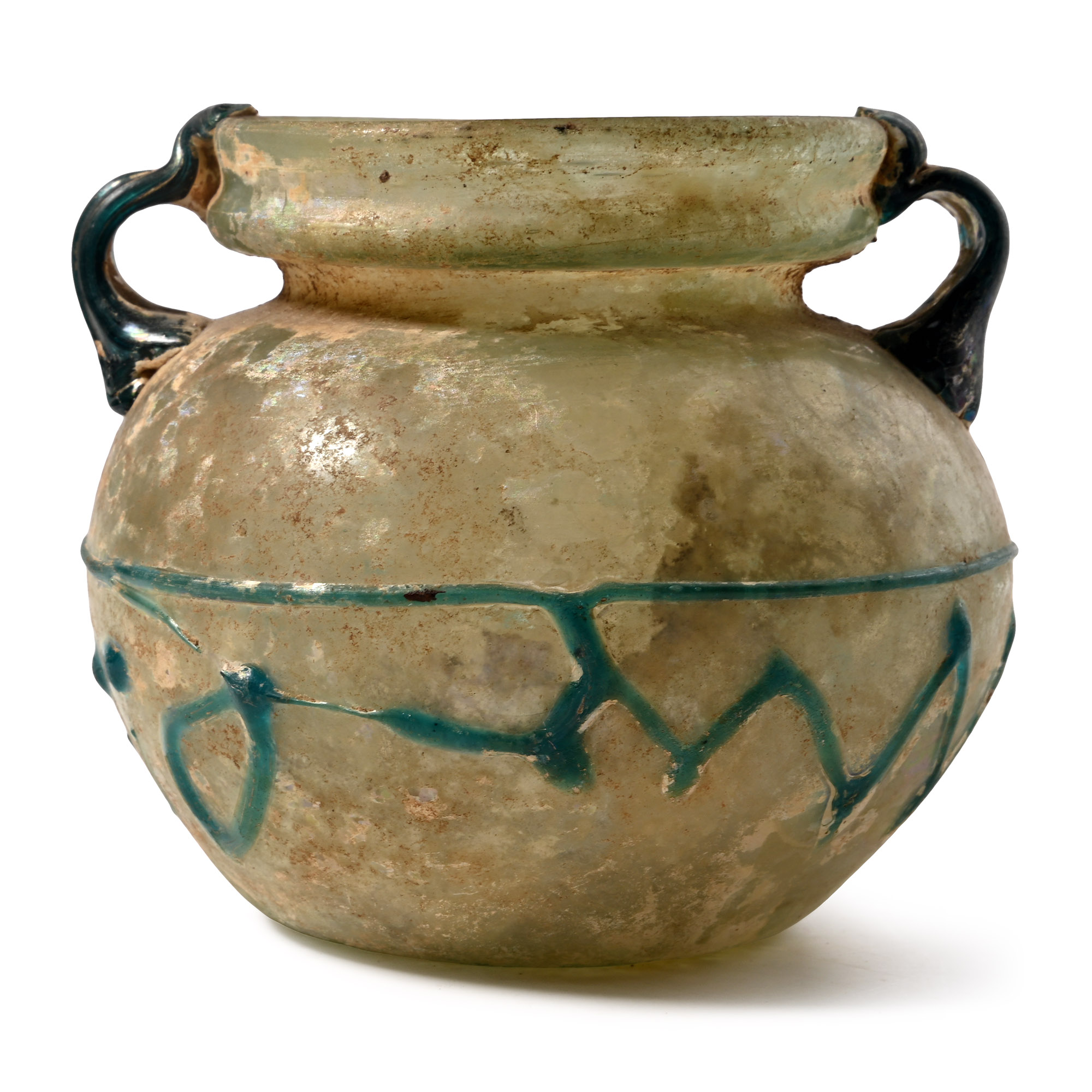 Large Roman Green Glass Vessel with Applied Blue Handles and Green Zig-Zag Trail