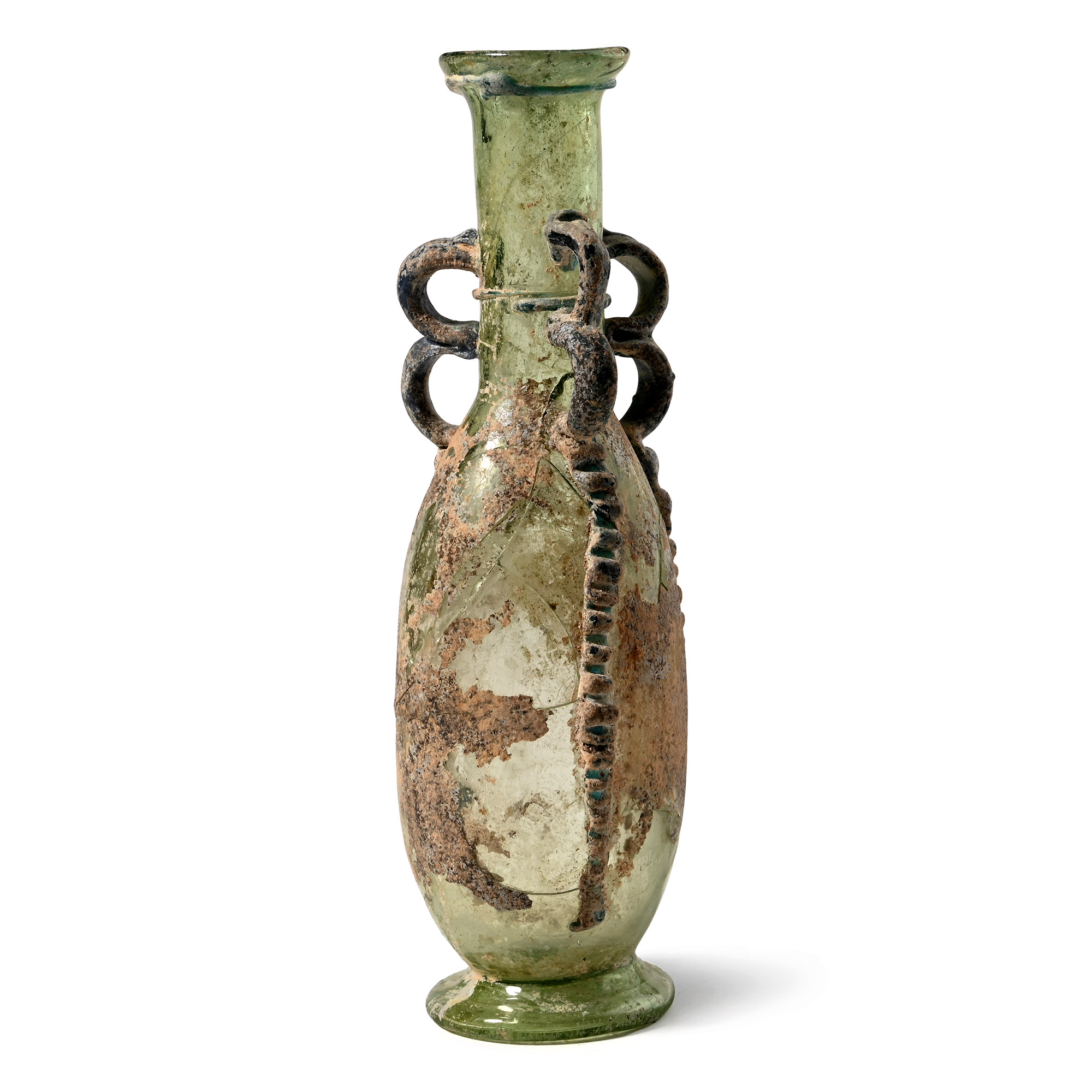 Late Roman Tall Green Glass Vessel with Three Applied Blue Glass Double-Looped Handles