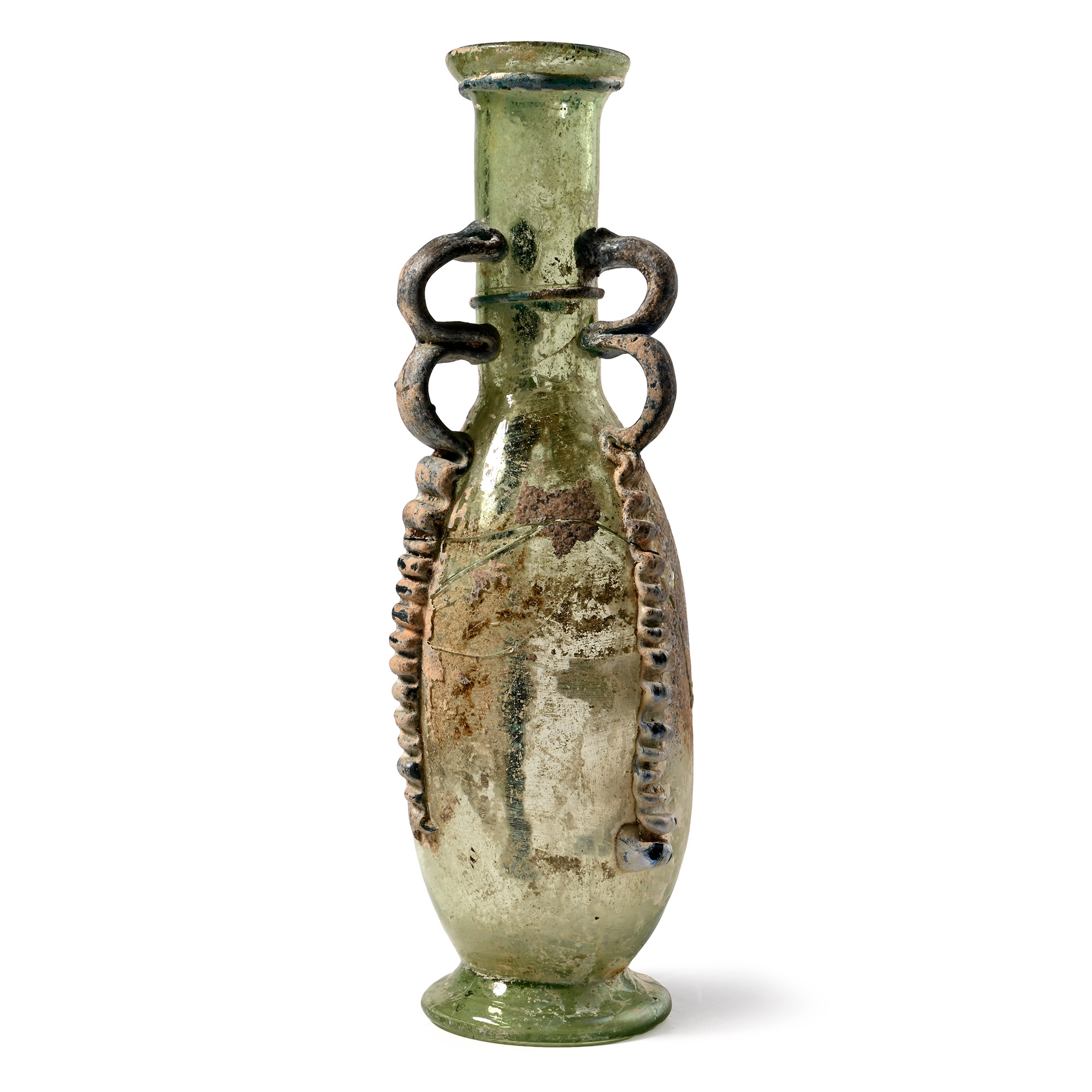 Late Roman Tall Green Glass Vessel with Three Applied Blue Glass Double-Looped Handles