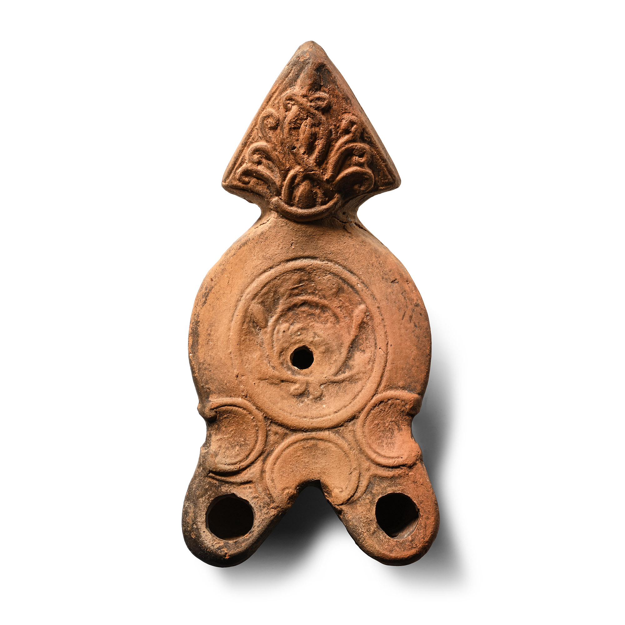 Roman Terracotta Double Nozzled Oil Lamp with Triangular Reflector