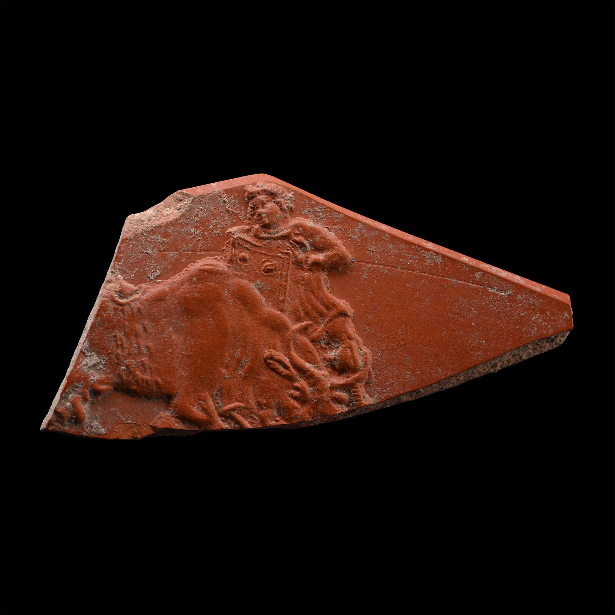 Roman Redware Vessel Sherd with Gladiator Fighting a Bull