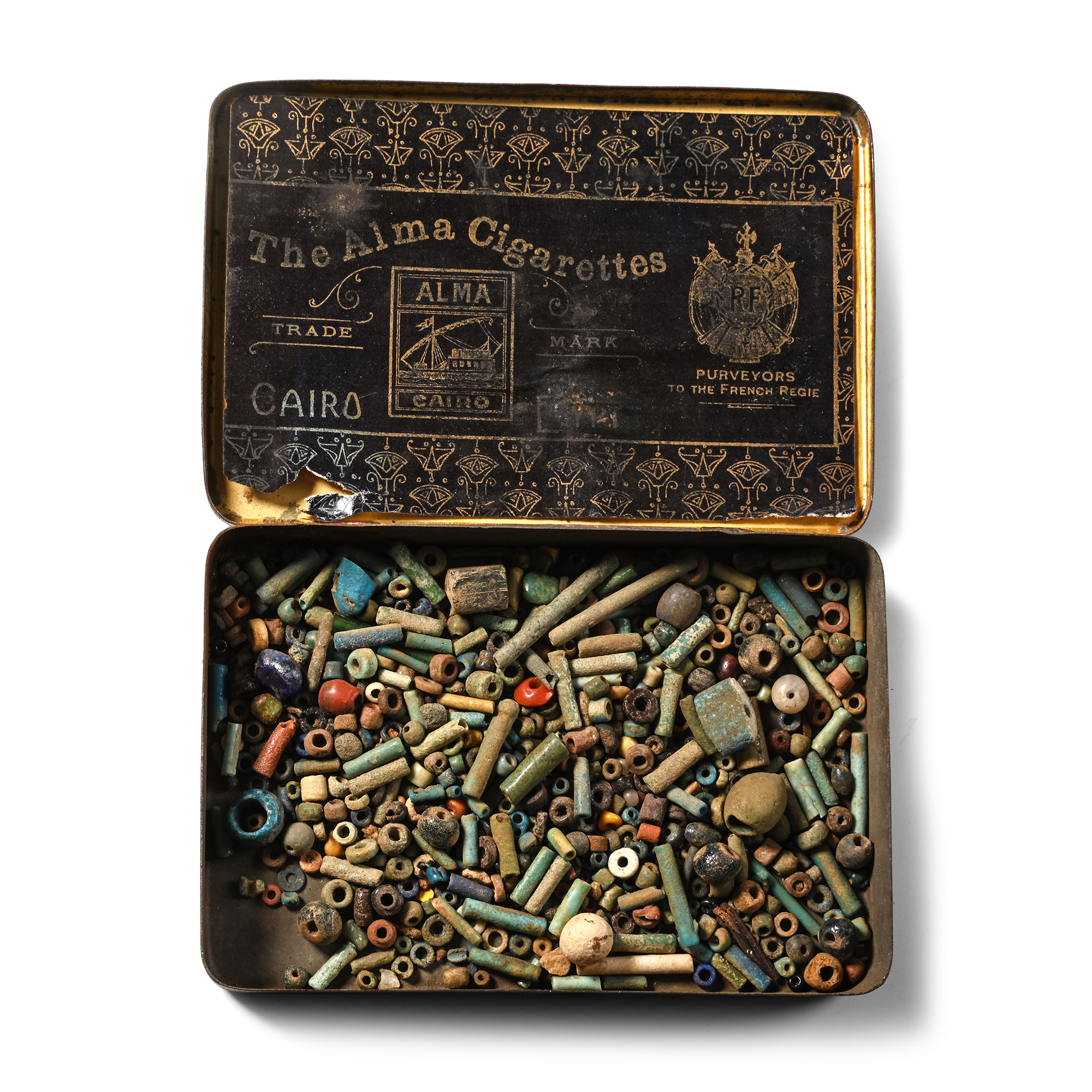 Egyptian Assorted Faience and Other Beads in Early 20th Century Tin Box