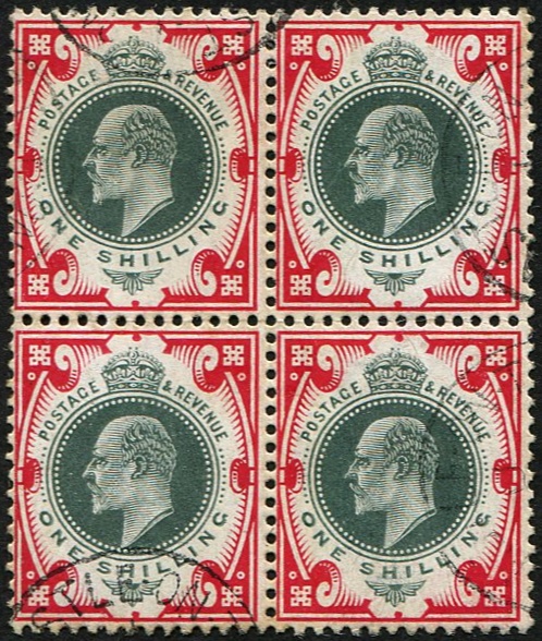 1/- SG 259(4) 'DEEP DULL GREEN & SCARLET' BLOCK VFU