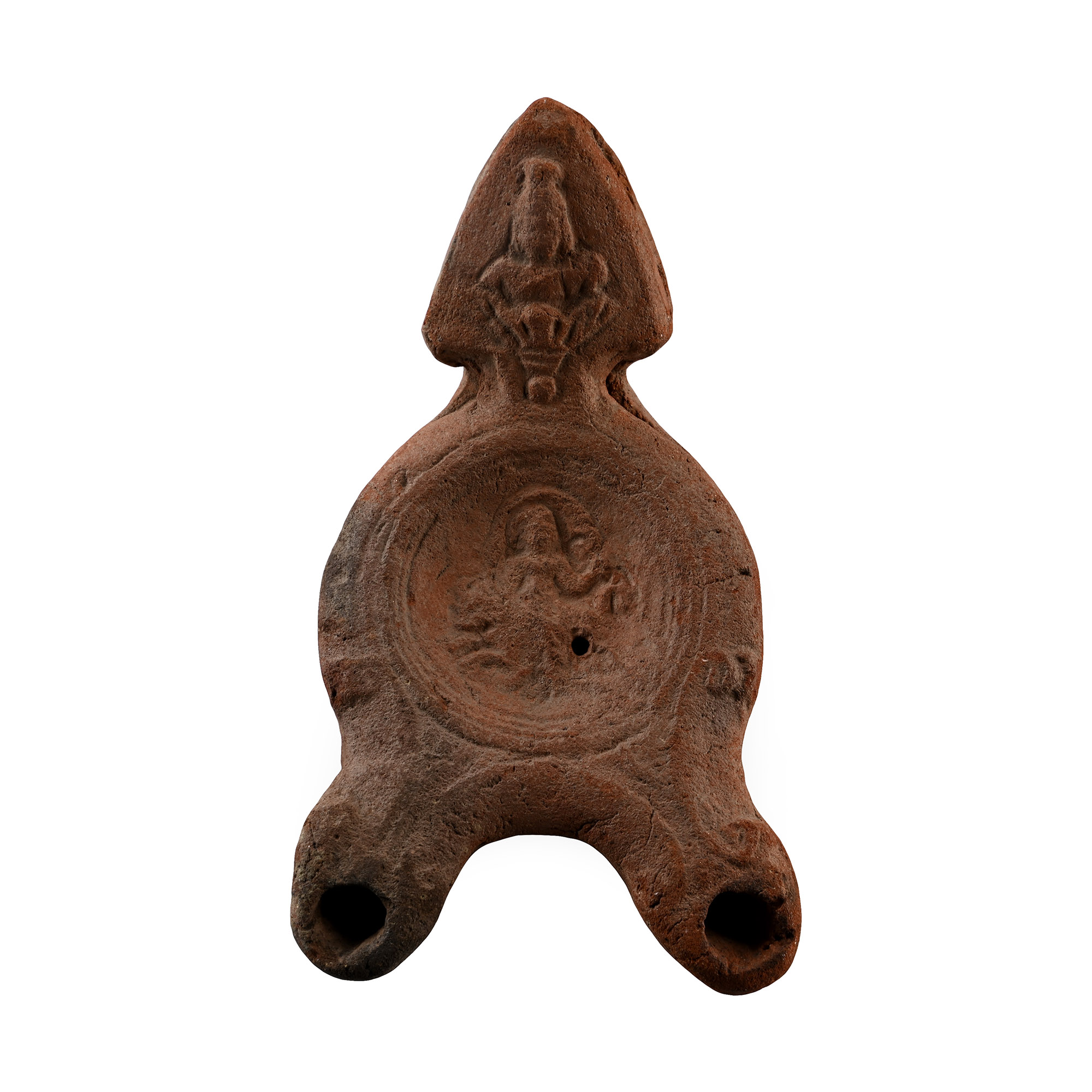 Roman Terracotta Double-Spouted Oil Lamp with the Gods Serapis and Cybele