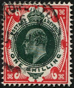 1/- SG 312 VARIETY, 'INTENSE DARK GREEN & DEEP BR. SCARLET' VFU