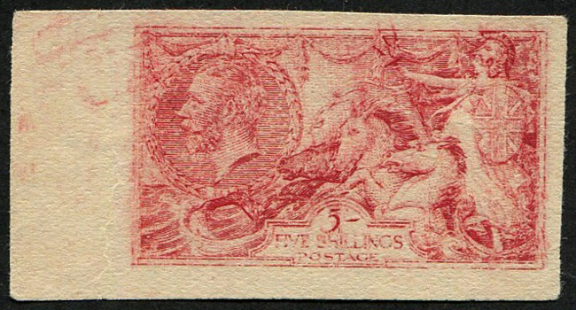 5/- SG 401 IMPERF PLATE PROOF IN 'CARMINE' on Buff Paper