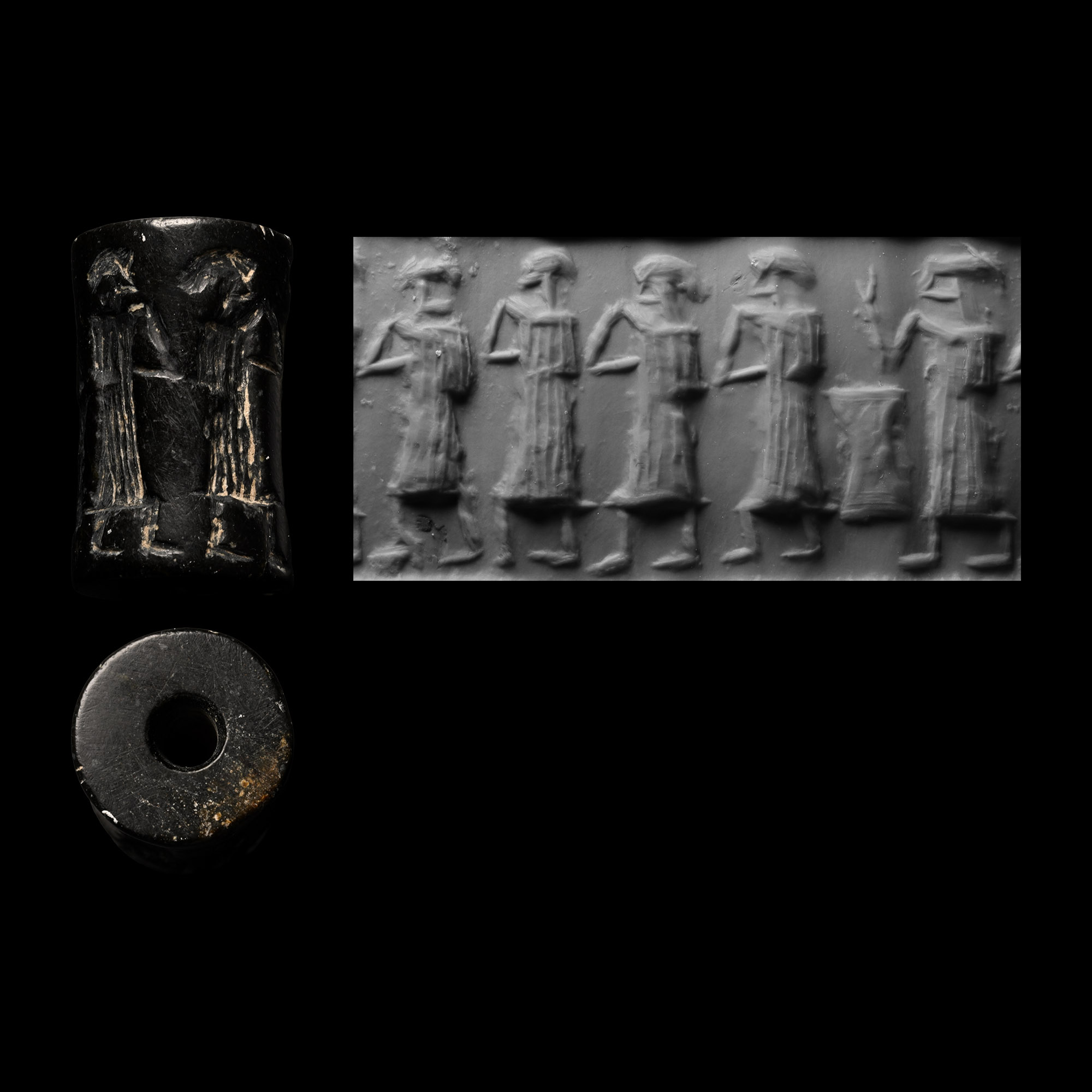 Akkadian Black Stone Cylinder Seal with Worship Scene