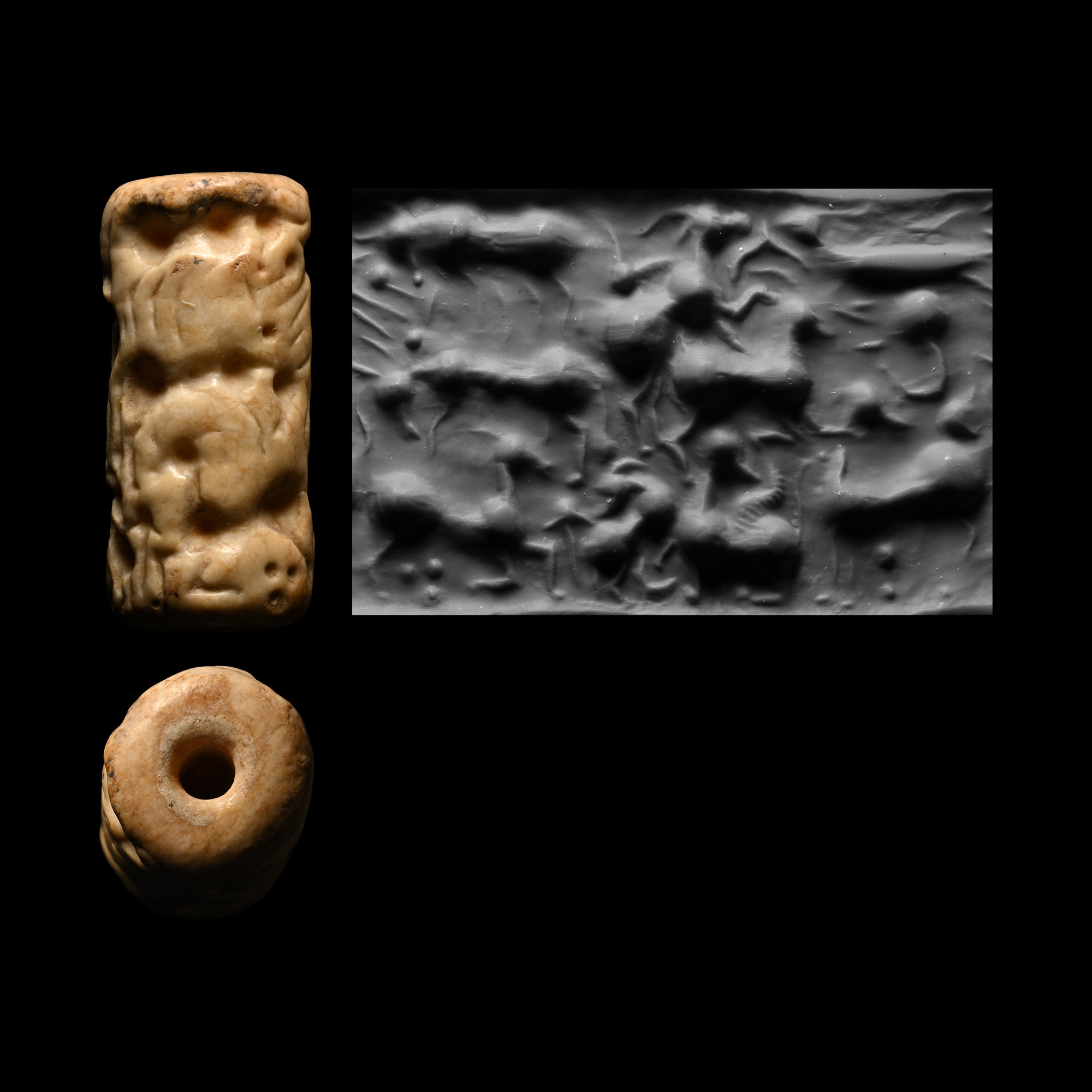 Large Cypriot or Levantine White Marble Cylinder Seal with Nine Quadrupeds and a Scorpion