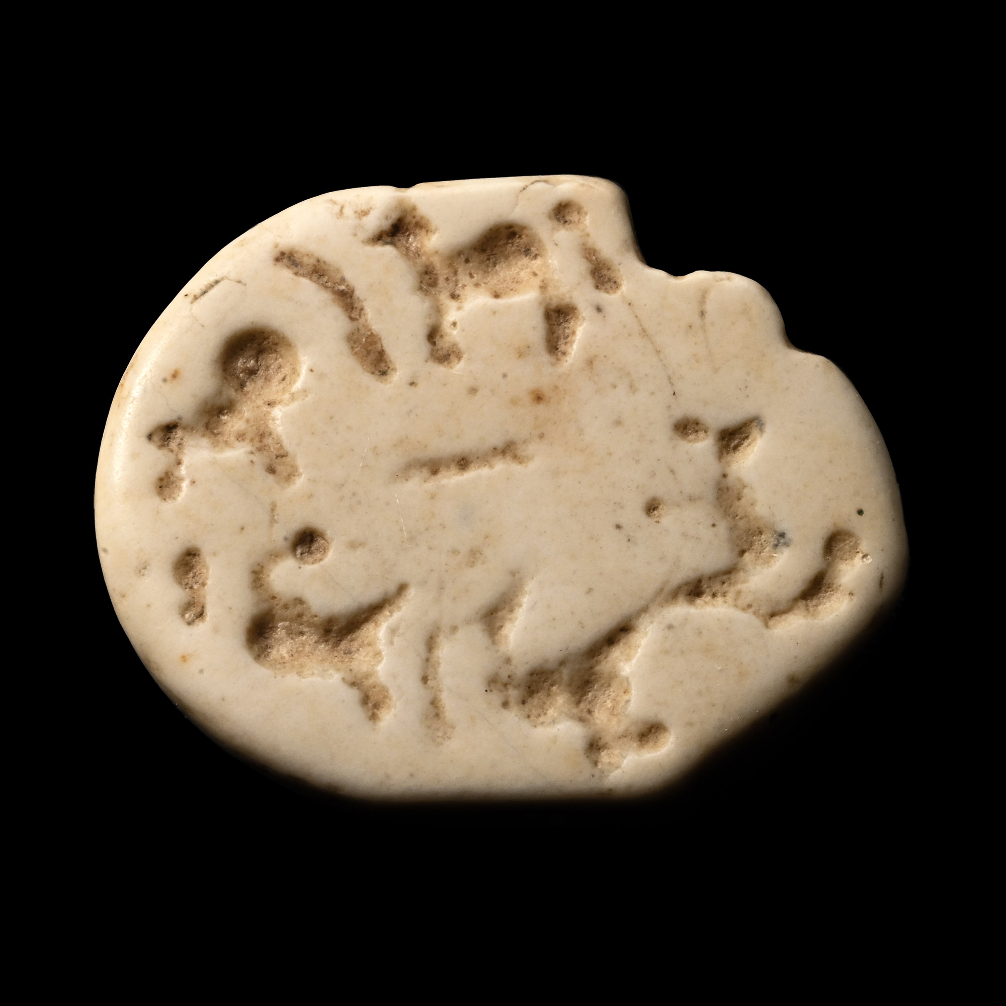 Jemdet Nasr White Stone Stamp Seal in the Form of a Lion with Engraved Animals