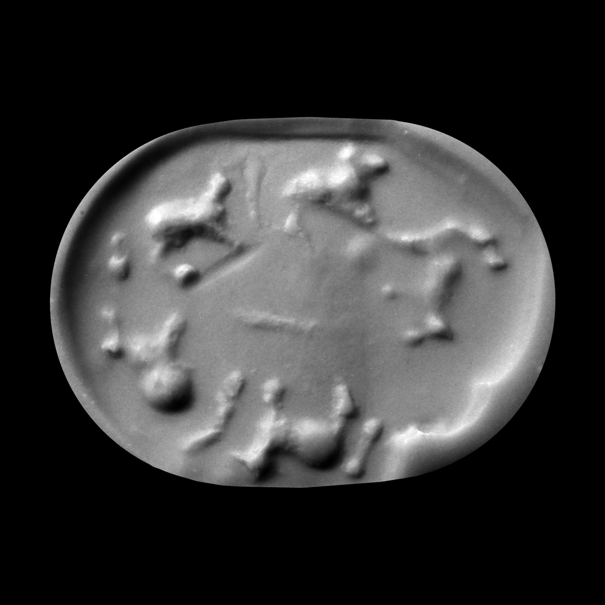 Jemdet Nasr White Stone Stamp Seal in the Form of a Lion with Engraved Animals