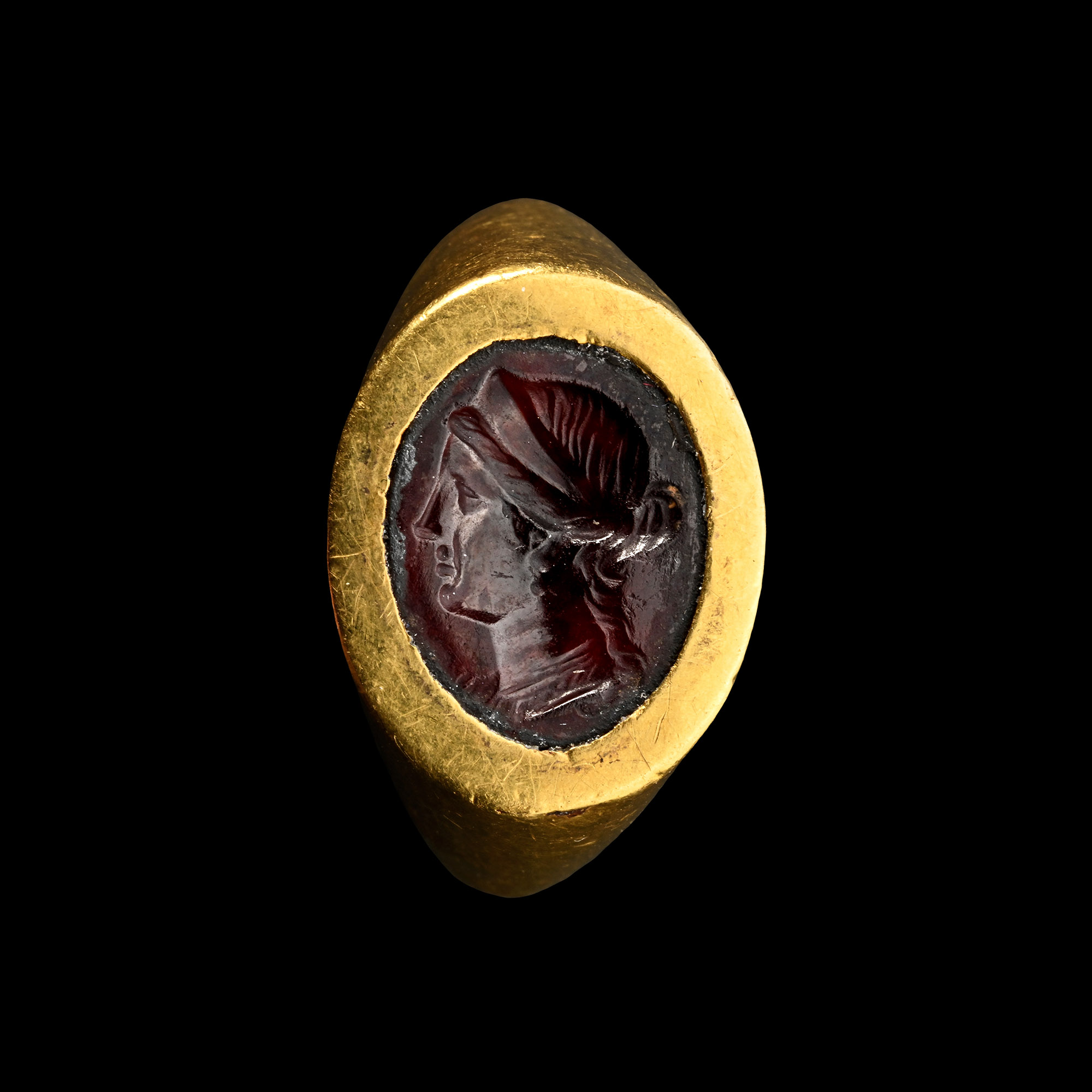 Greek Gold Ring with Garnet Gemstone with Portrait