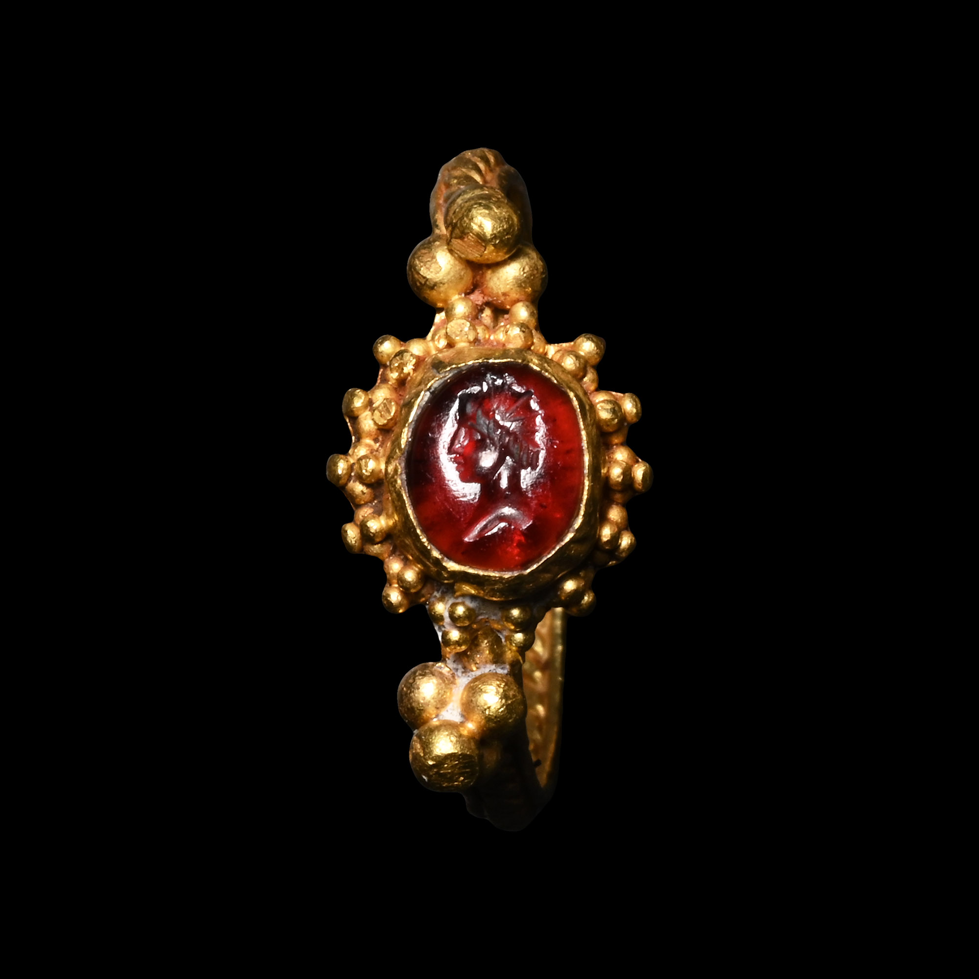 Greek Gold Ring with Garnet Gemstone with Helios