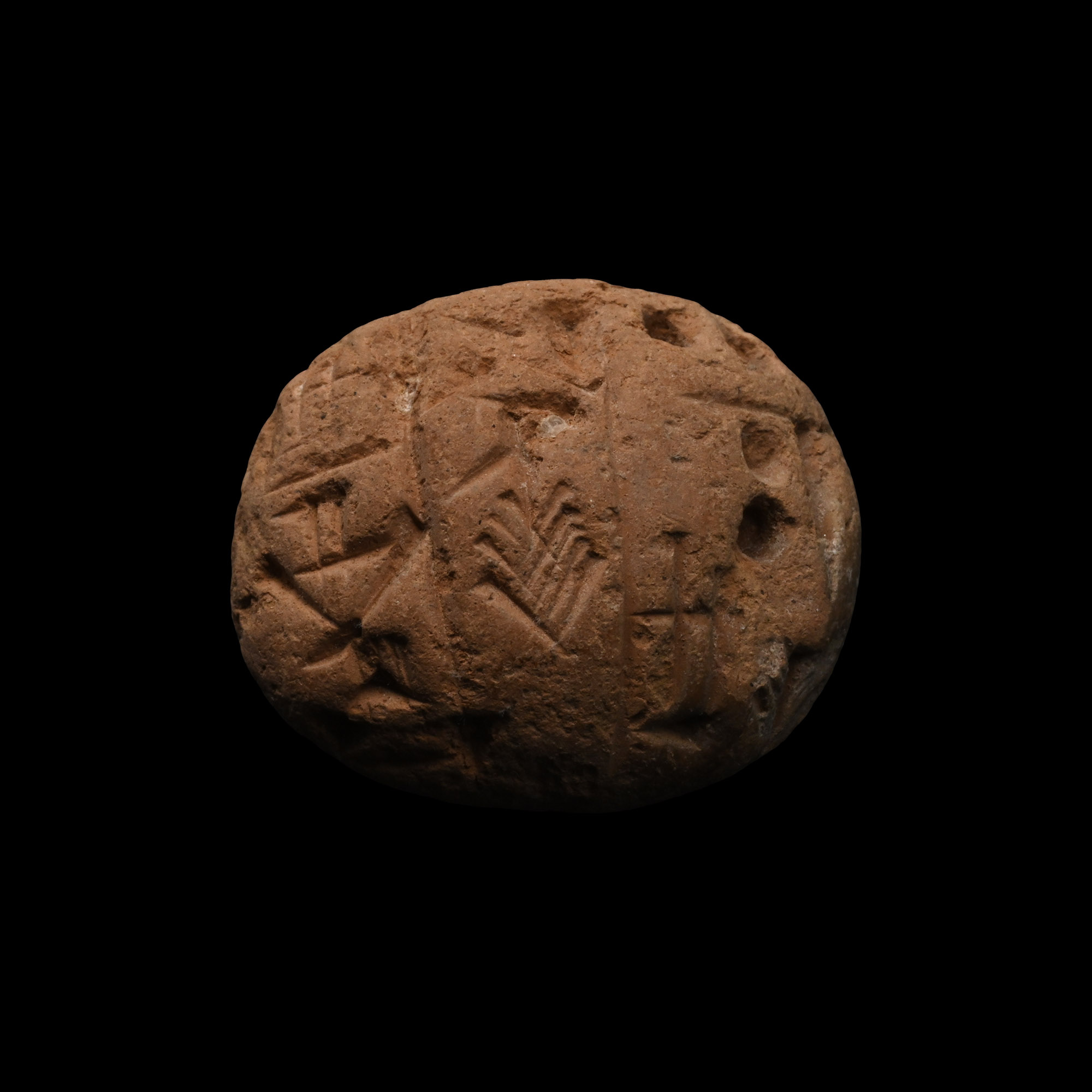 Old Akkadian Terracotta Round Cuneiform Tablet Recording Amounts of Grain