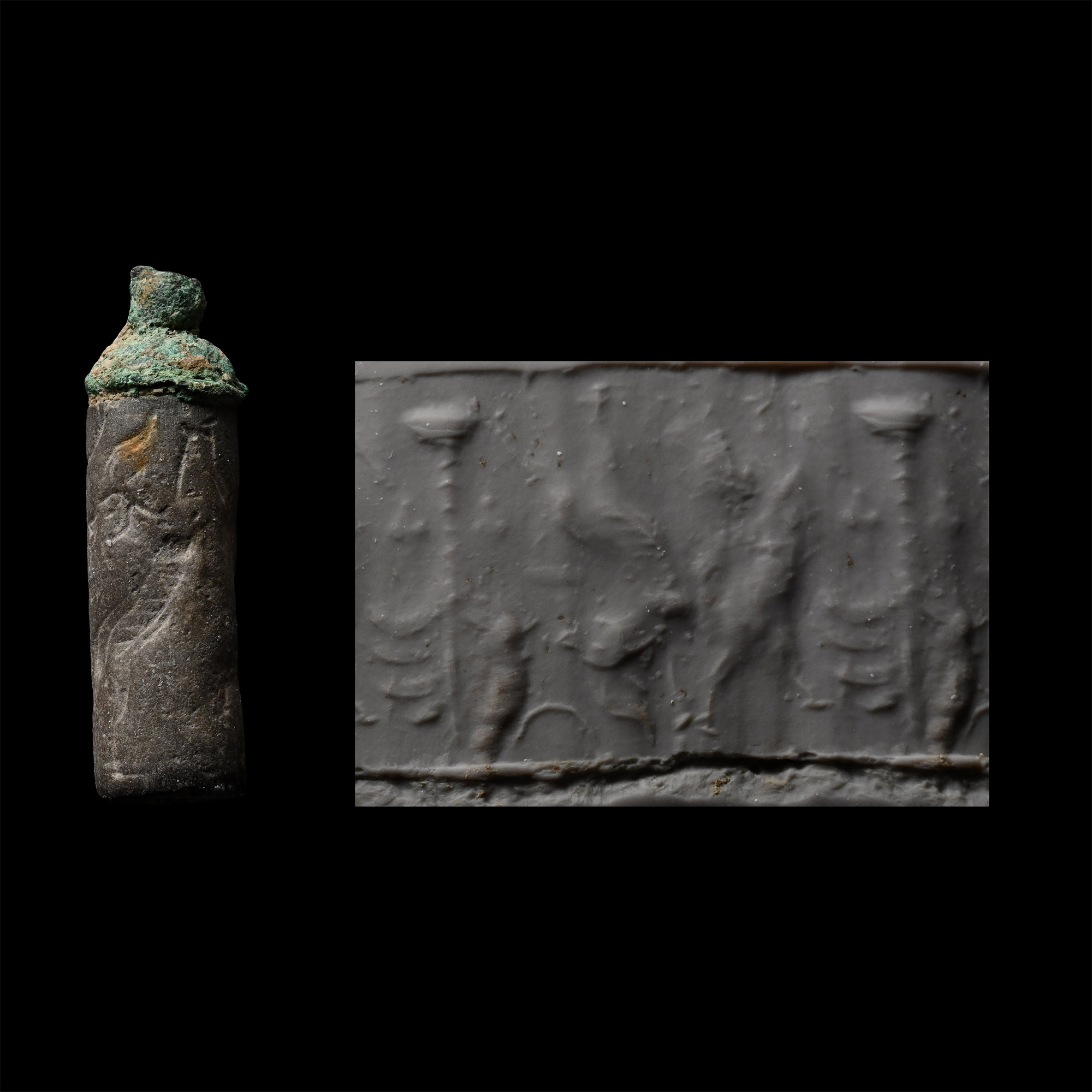 Western Asiatic Schist Cylinder Seal with Bronze Cap