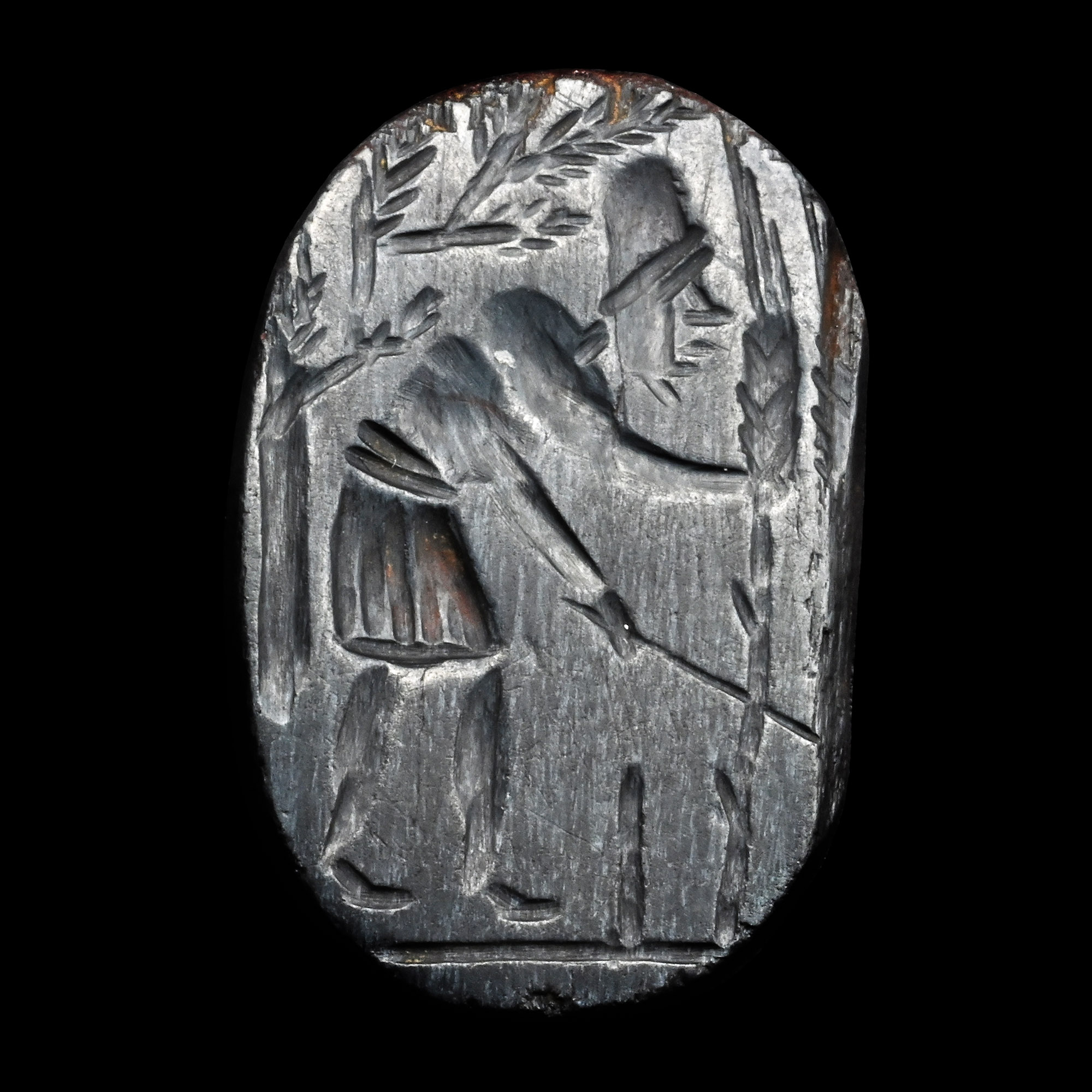 Roman Gnostic Bifacial Hematite Gemstone with Magical Scene and Inscription