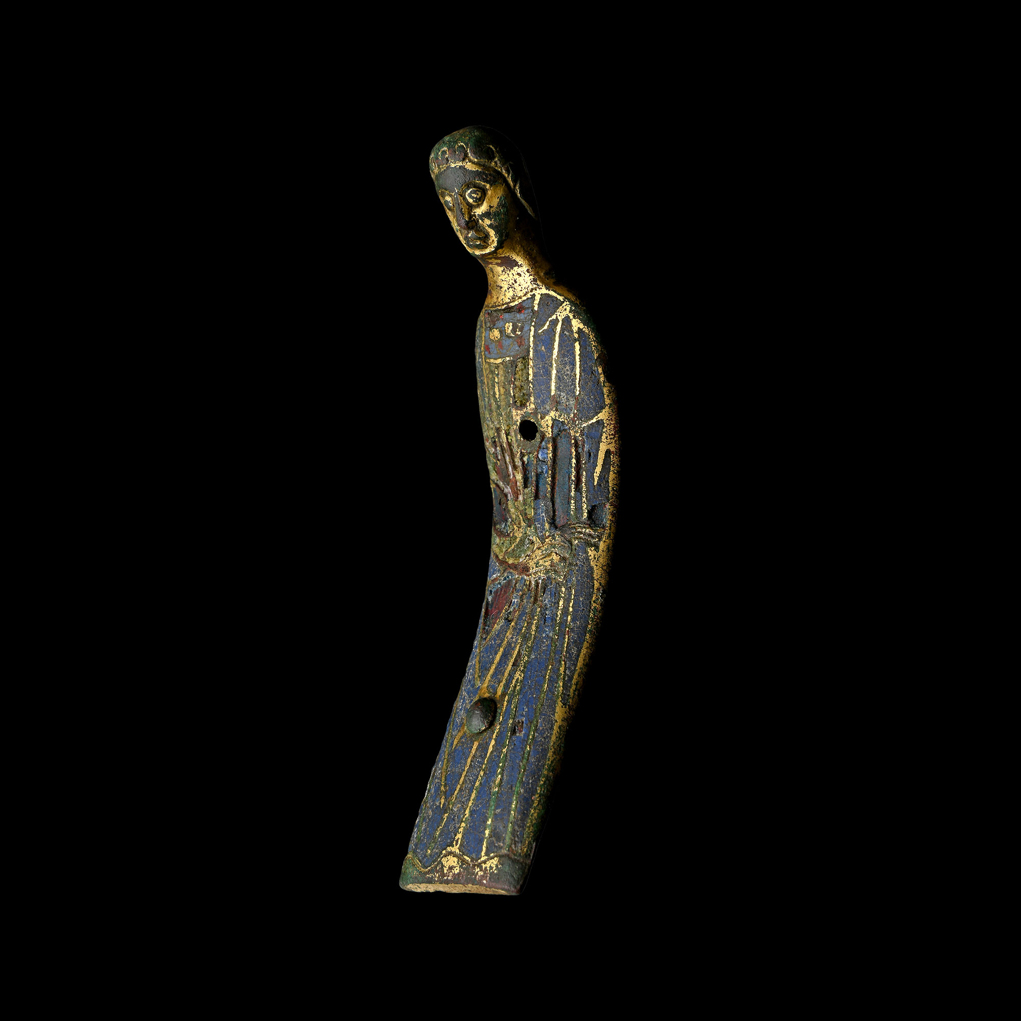 Large Medieval Limoge Enamelled Gilt Bronze Saint