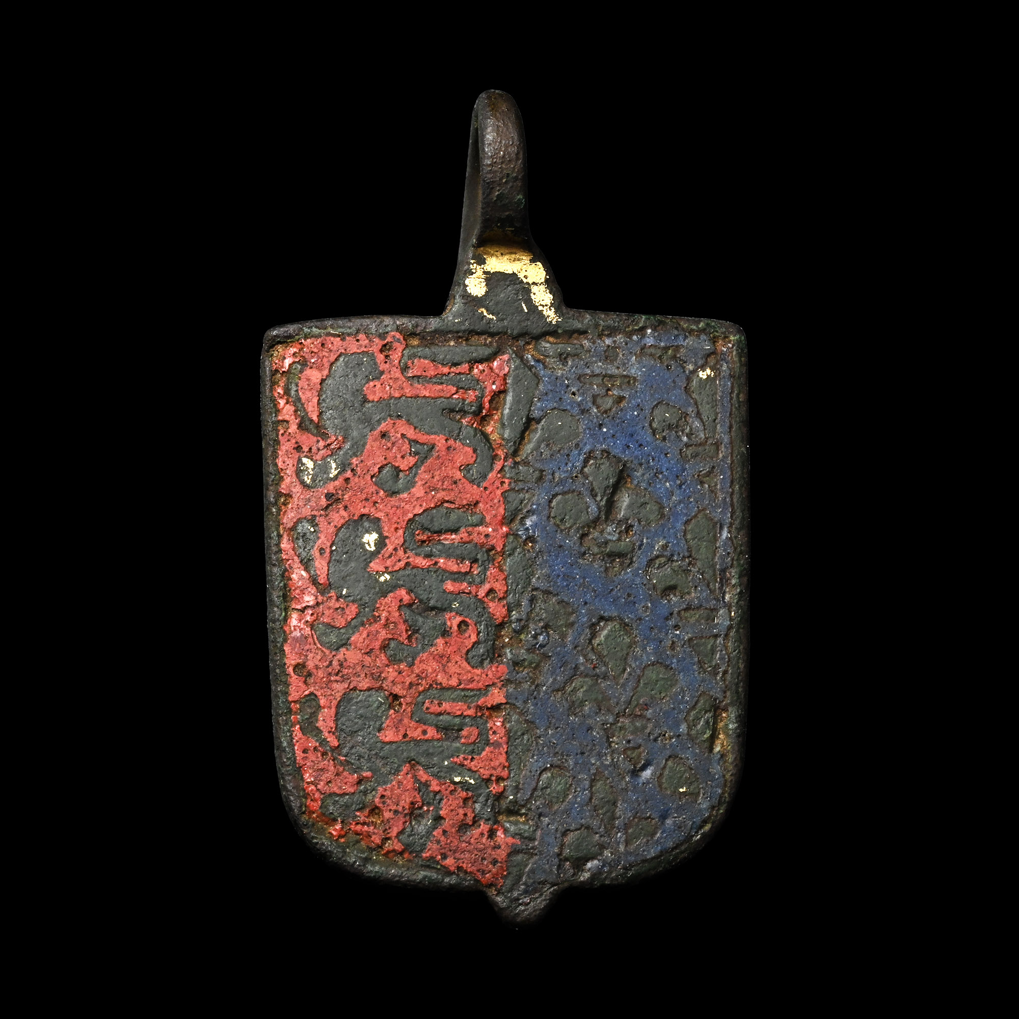 Medieval Knight's Enamelled Bronze Heraldic Horse Harness Pendant with Three Lions