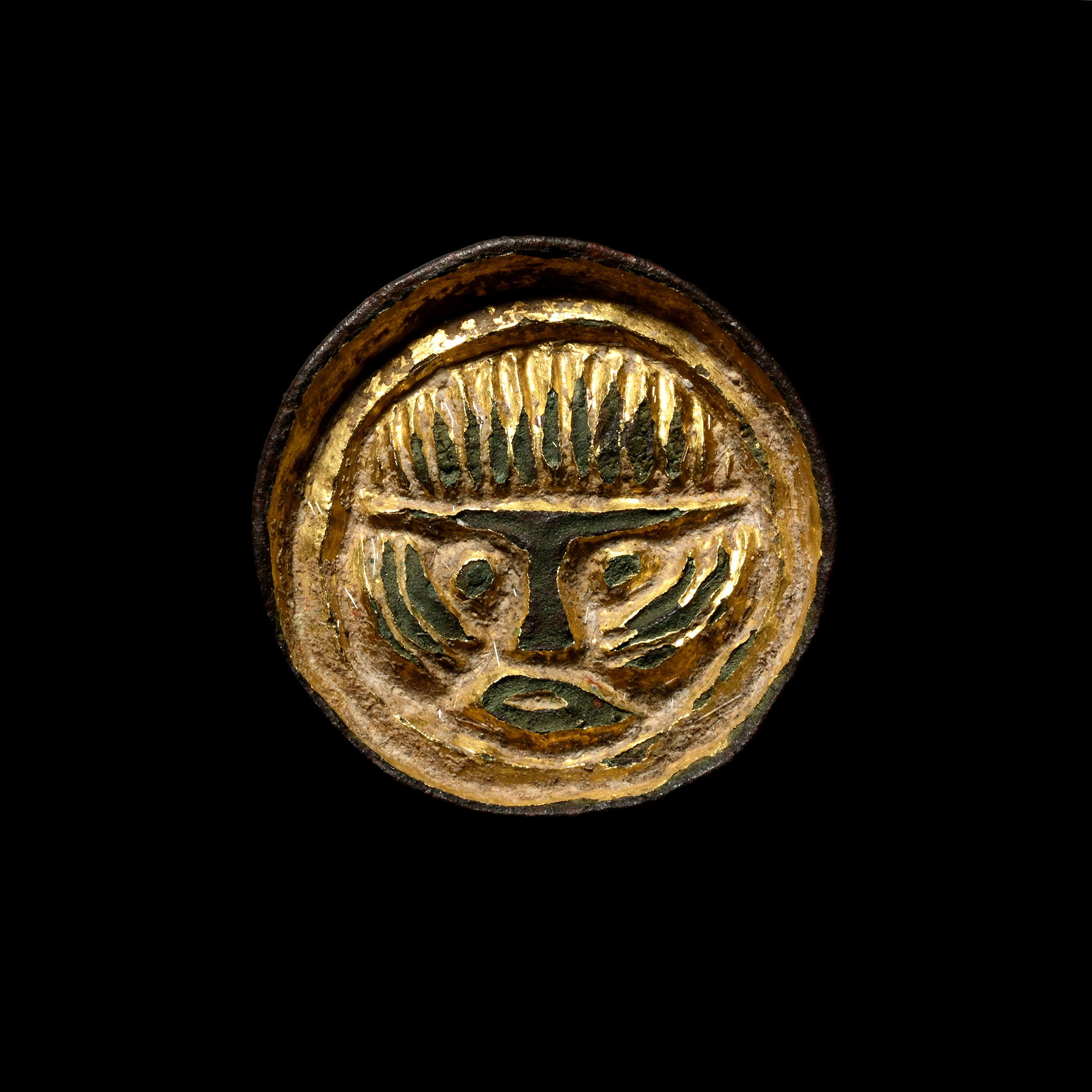 Anglo-Saxon Gilt Bronze Button Brooch with Face of a Warrior